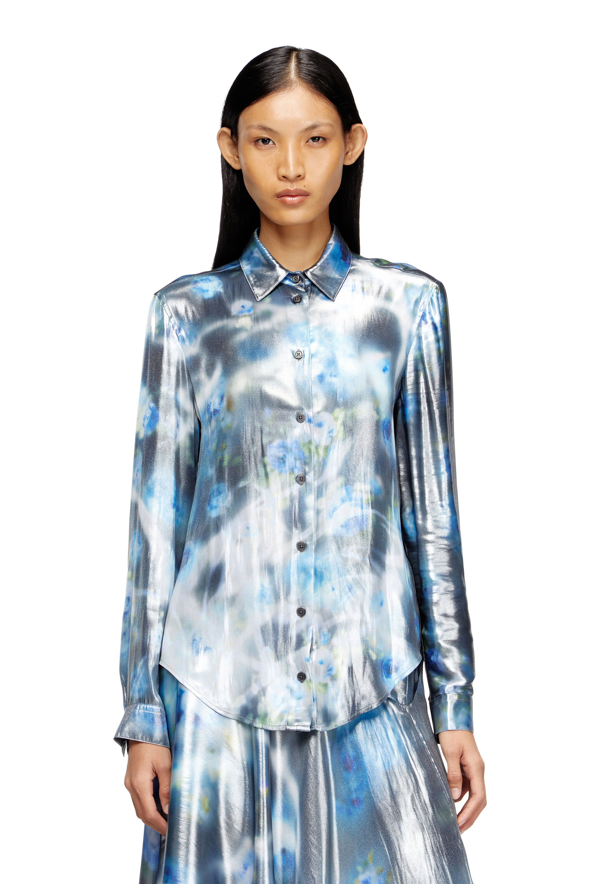 Diesel - C-RONOR-S2, Woman's Metallic shirt with blurred roses print in Blue - 3