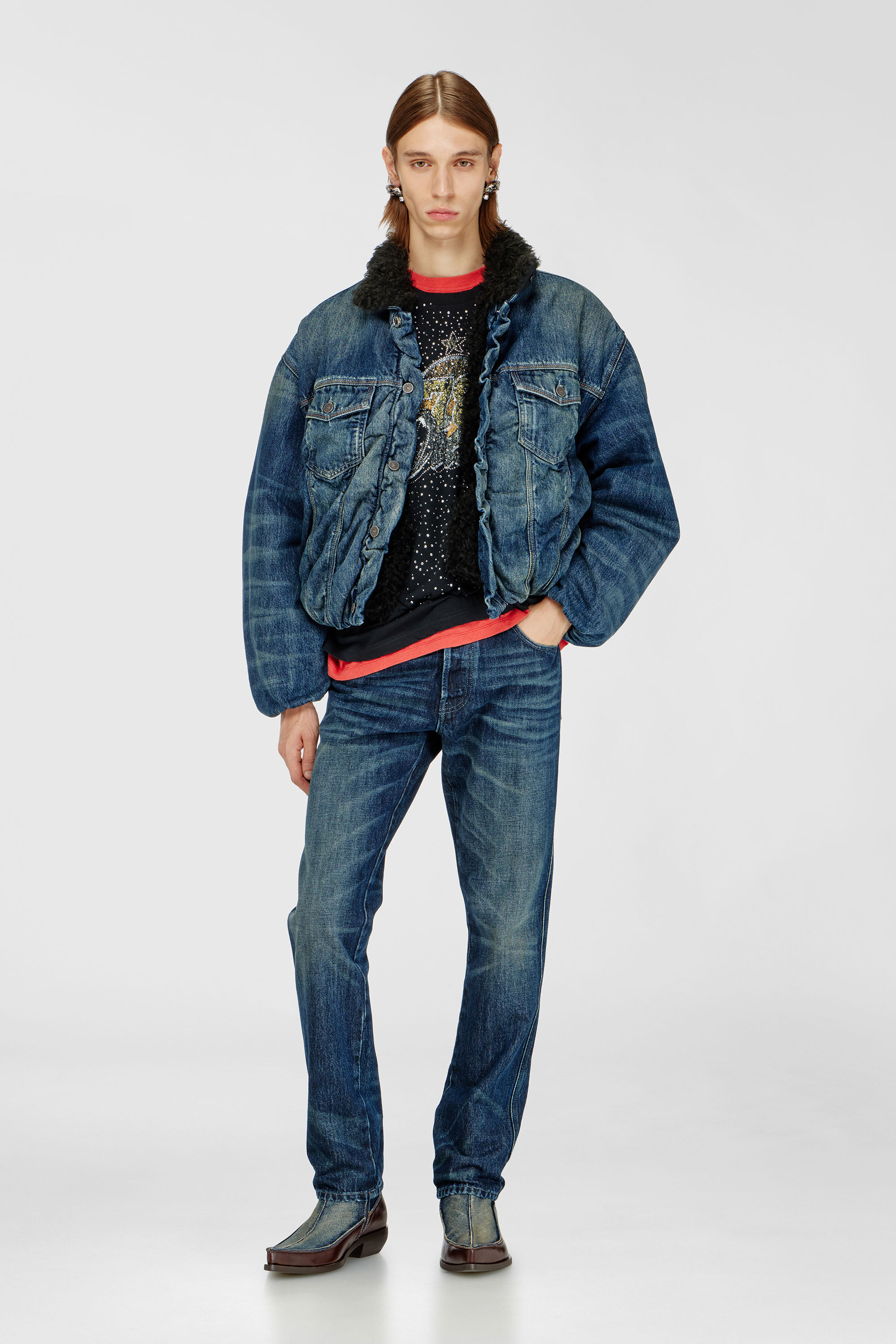 Diesel - D-CURLY-FSJ1, Unisex's Teddy-lined trucker jacket in denim in Medium blue - 1