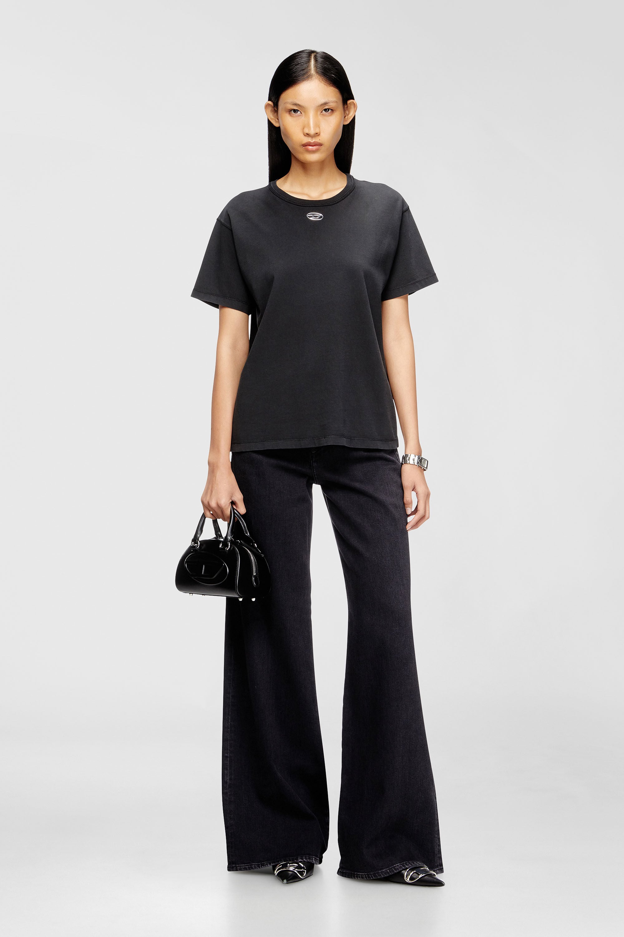 Diesel - T-NORMY-OD-S1, Woman's Cotton T-shirt with metallic Oval D in Black - 1
