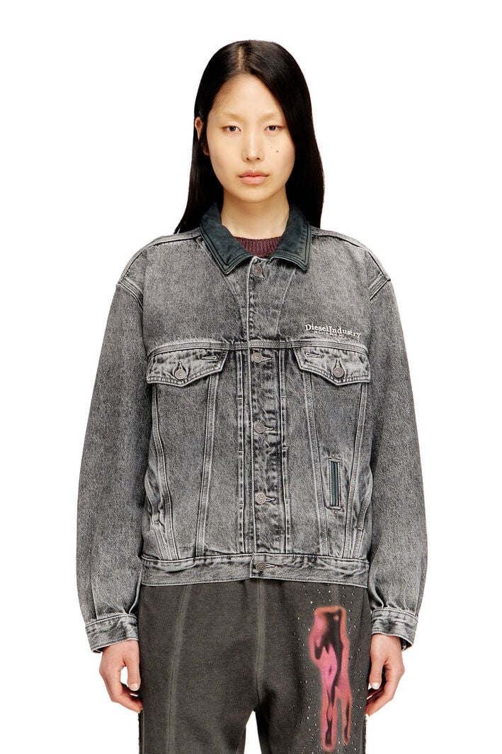 Diesel - D-DENVER-S, Unisex's Denim trucker jacket with tonal leather trims in Grey - 1