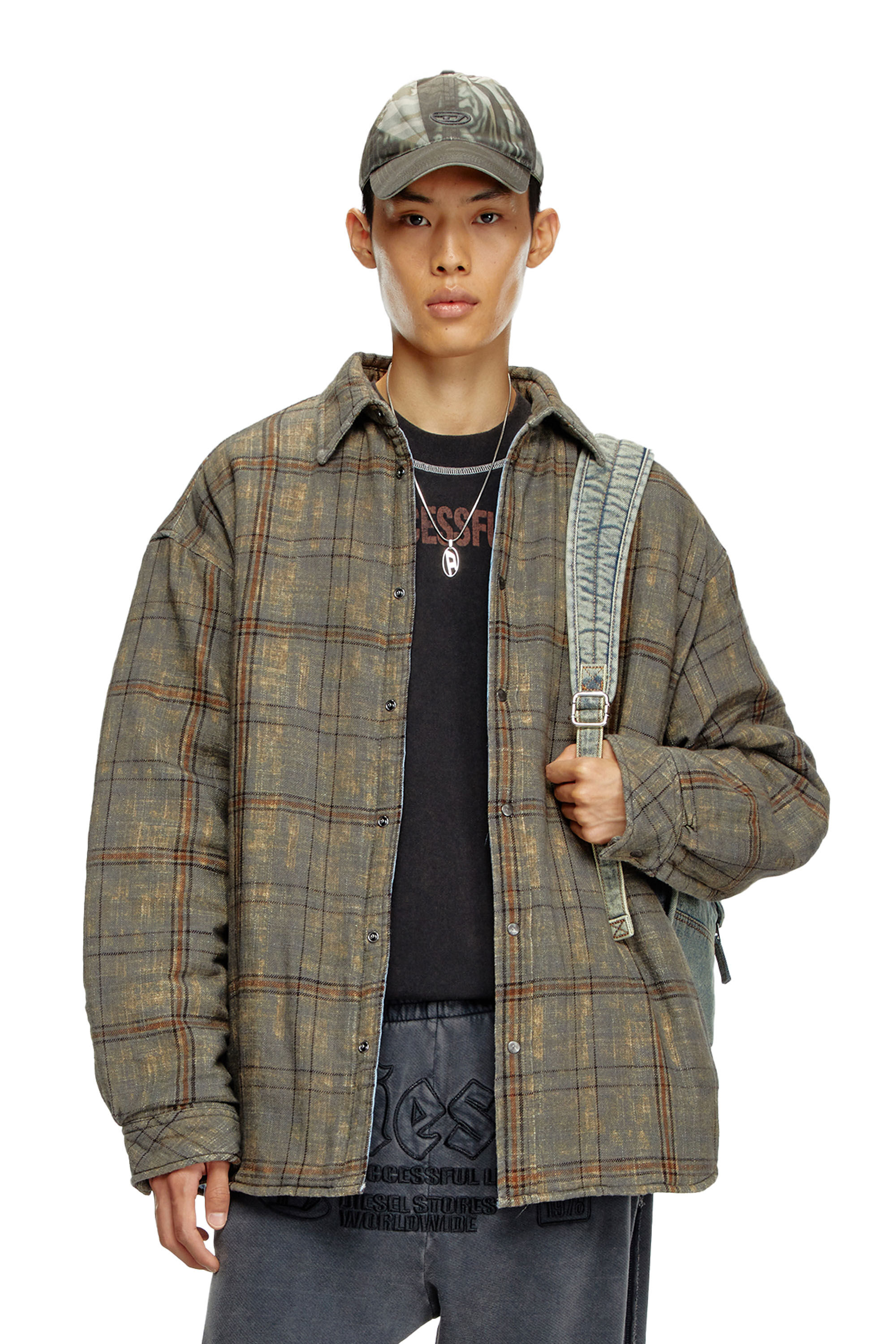 Diesel - S-HAMME, Man's Padded jacket in checked slub cotton in Green/Brown - 3