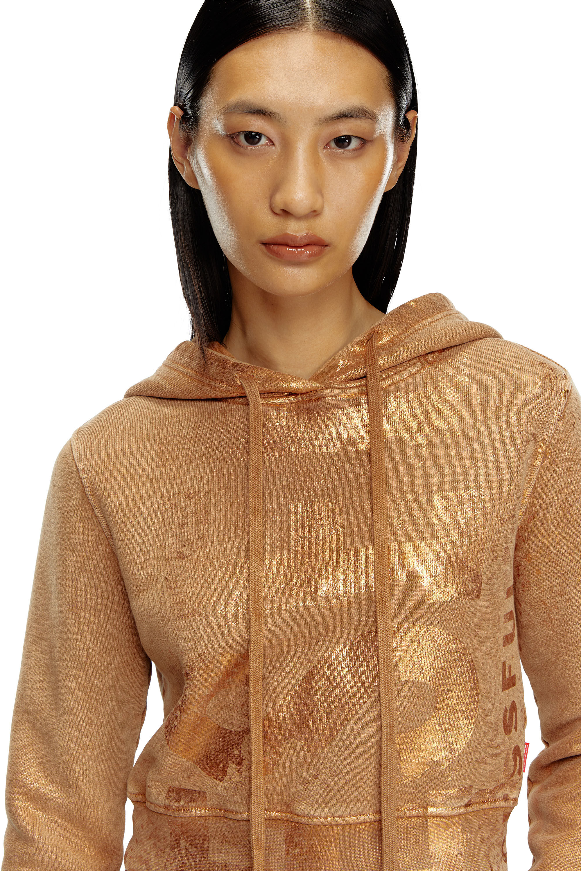 Diesel - F-SLIMMY-HOOD-P6, Woman's Cropped hoodie with metallic effects in Light Brown - 5