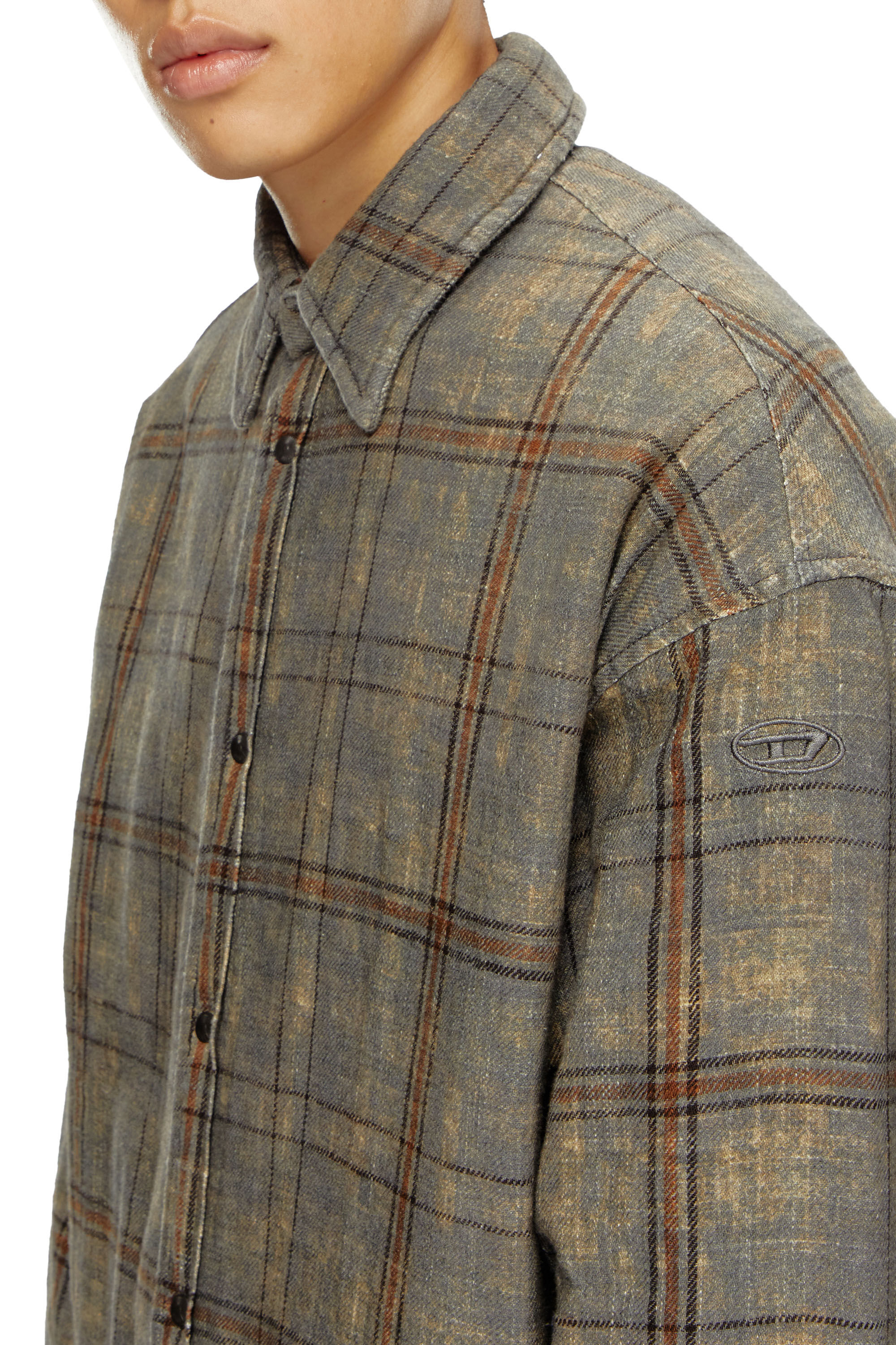 Diesel - S-HAMME, Man's Padded jacket in checked slub cotton in Green/Brown - 5