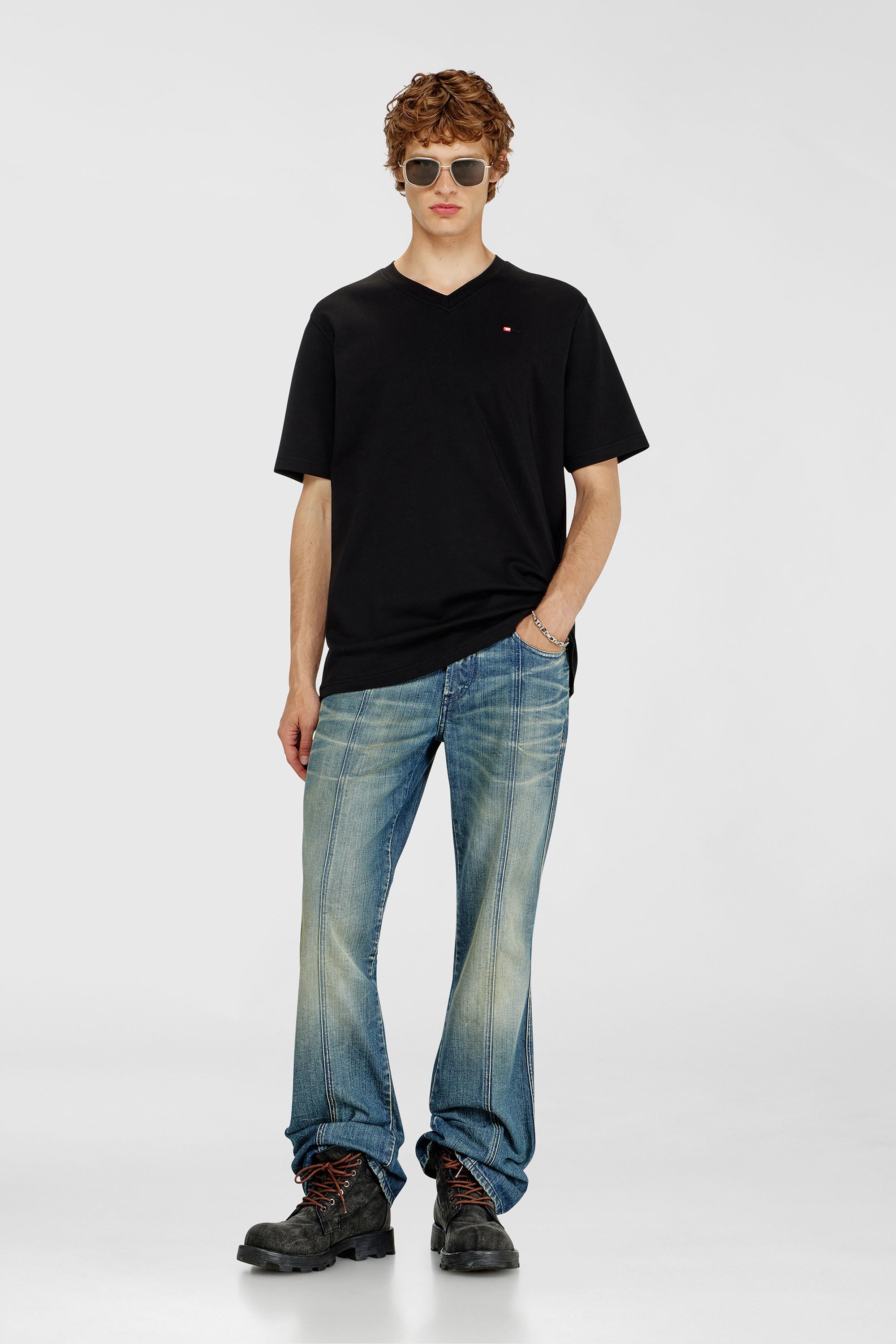 Diesel - T-ADJUST-V-MICRODIV, Man's V-neck T-shirt with micro logo embroidery in Black/Red - 1