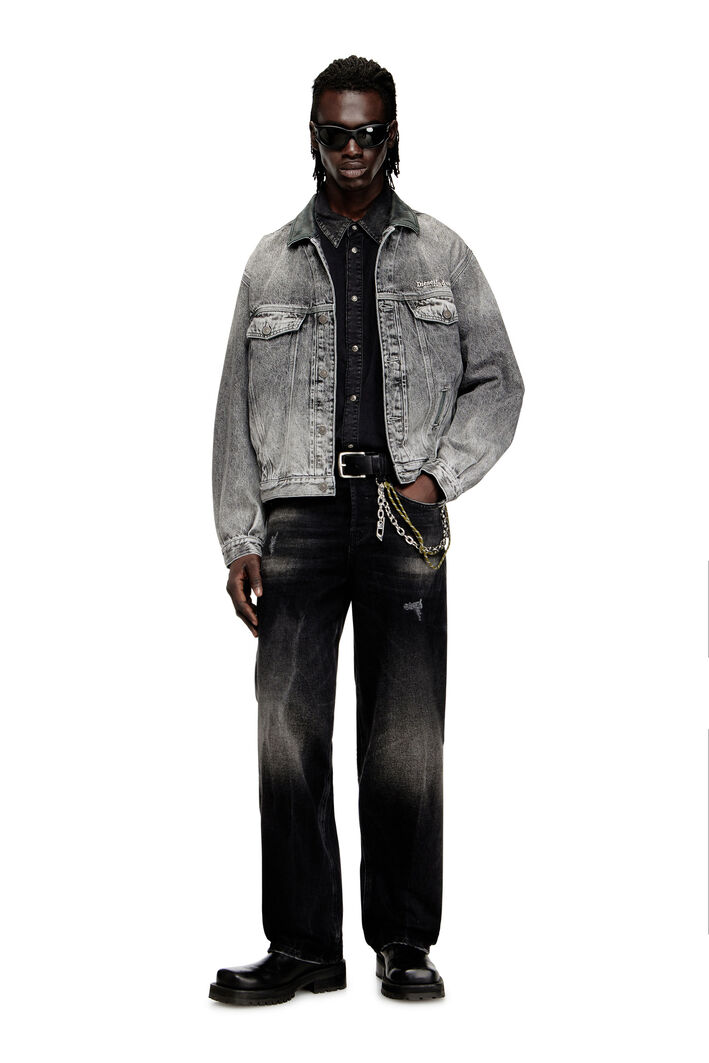 Diesel - D-DENVER-S, Unisex's Denim trucker jacket with tonal leather trims in Grey - 4