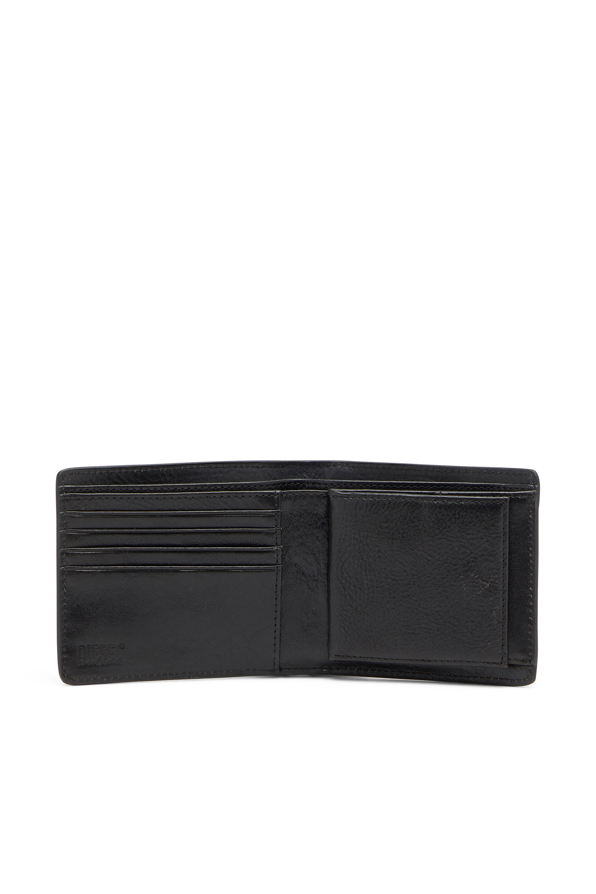 Diesel - FLAG-D BI-FOLD COIN S 3D, Man's Bi-fold leather wallet with embossed logo in Black - 3