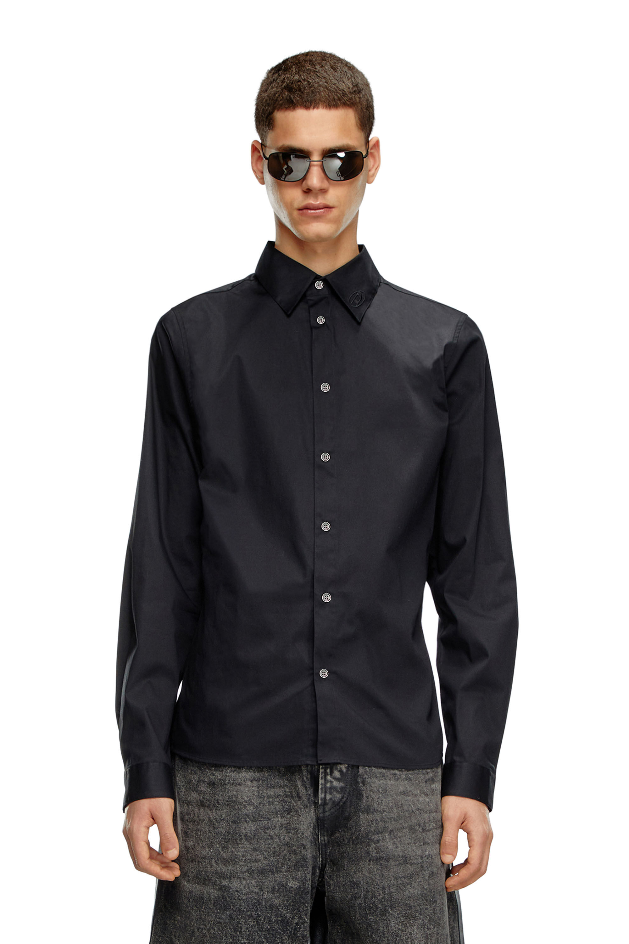 Diesel - S-FITTY-A, Man's Formal shirt with logo-embroidered collar in Black - 3