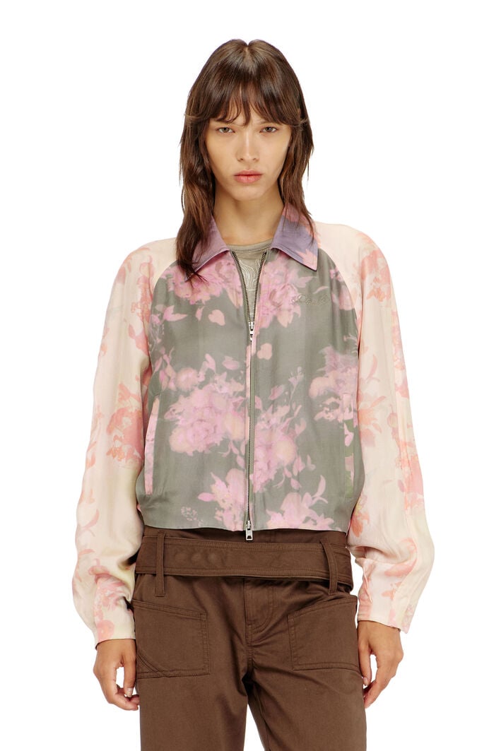 Diesel - G-ALENA, Woman's Floral bomber jacket in crinkled acetate in Green/Pink - 1