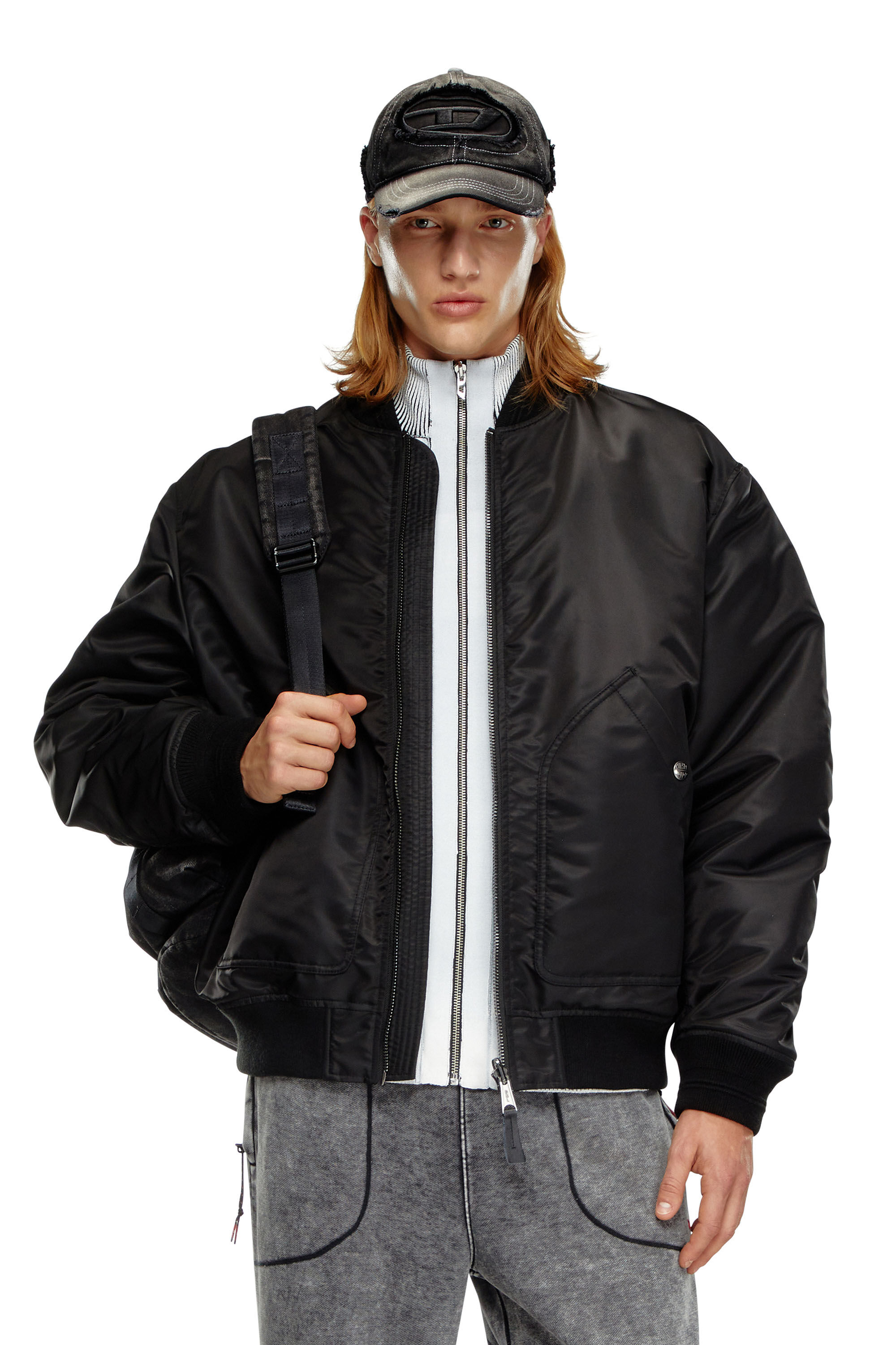 Diesel - J-HELD, Man's Bomber in padded nylon with Oval D in Black - 3