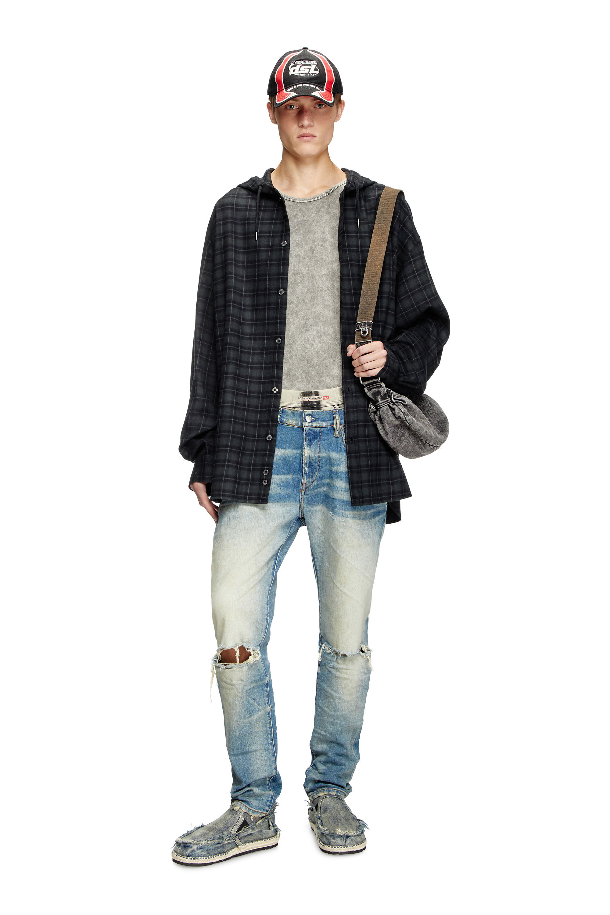 Diesel - S-DEWNY-HOOD-B, Man's Hooded shirt in check flannel in Black - 1