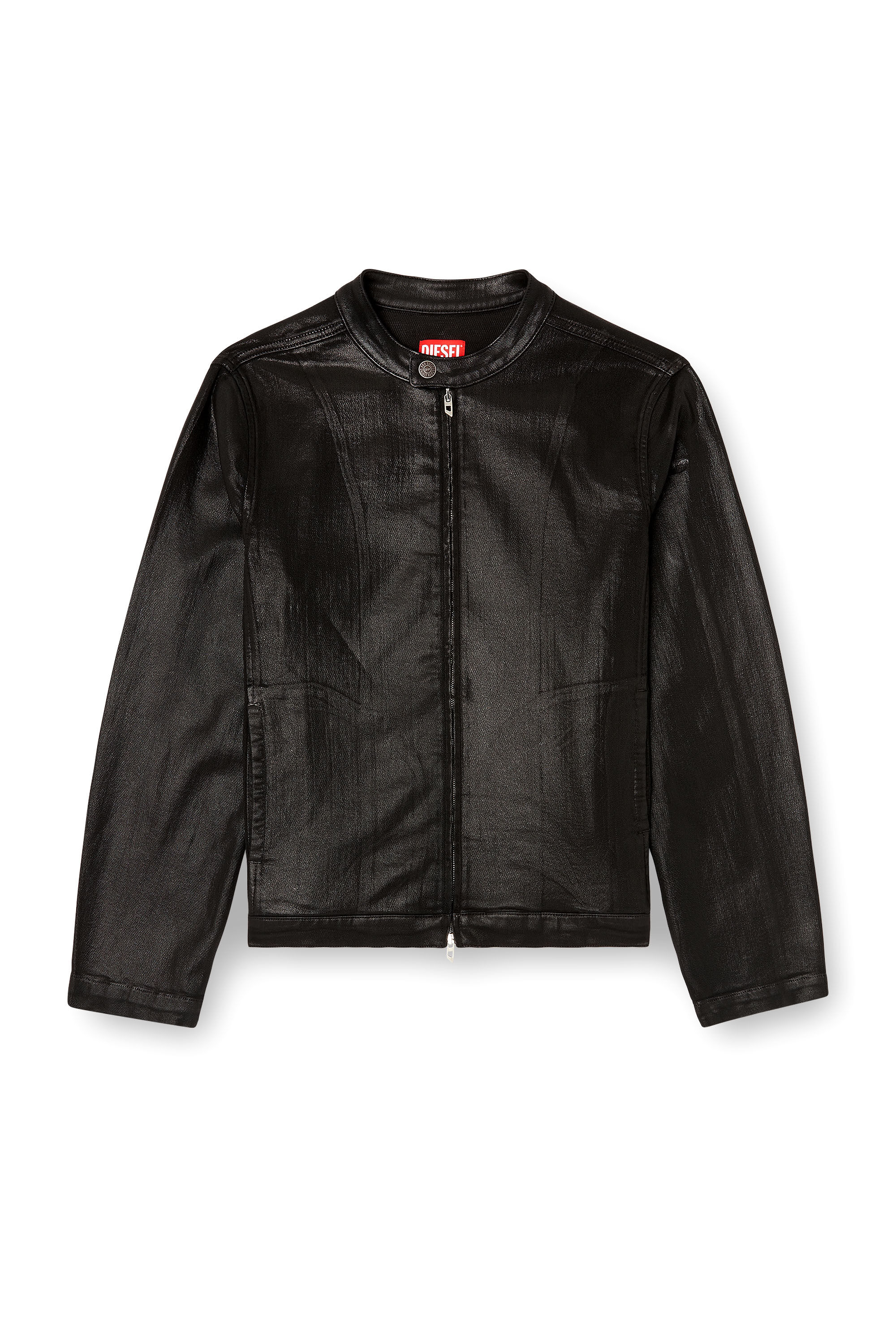 Diesel - D-GLORY JOGG, Man's Moto jacket in shiny coated JoggJeans in Black - 2