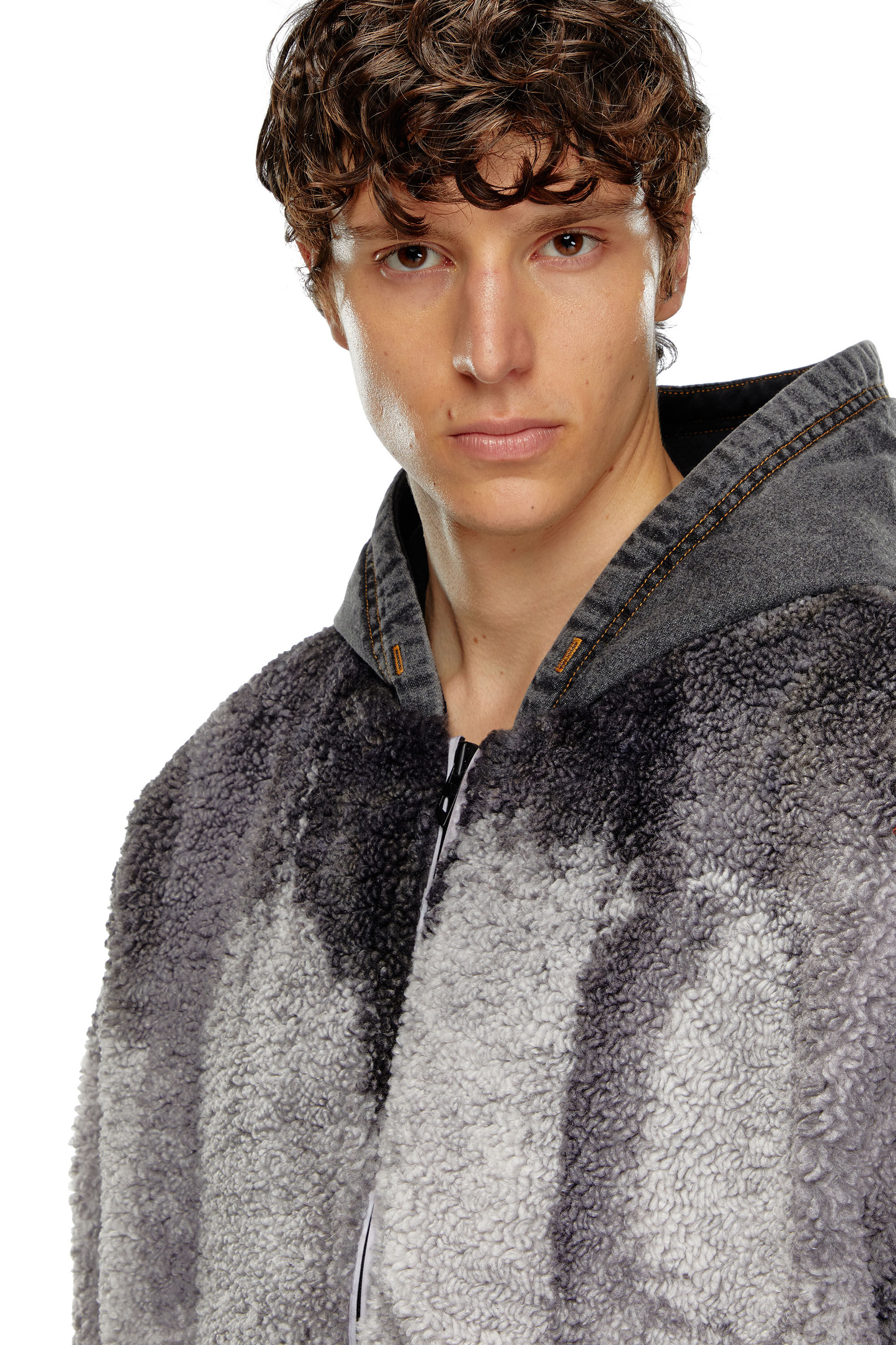 Diesel - S-DEPLA, Man's Tie-dyed teddy jacket with denim hood in Grey - 5