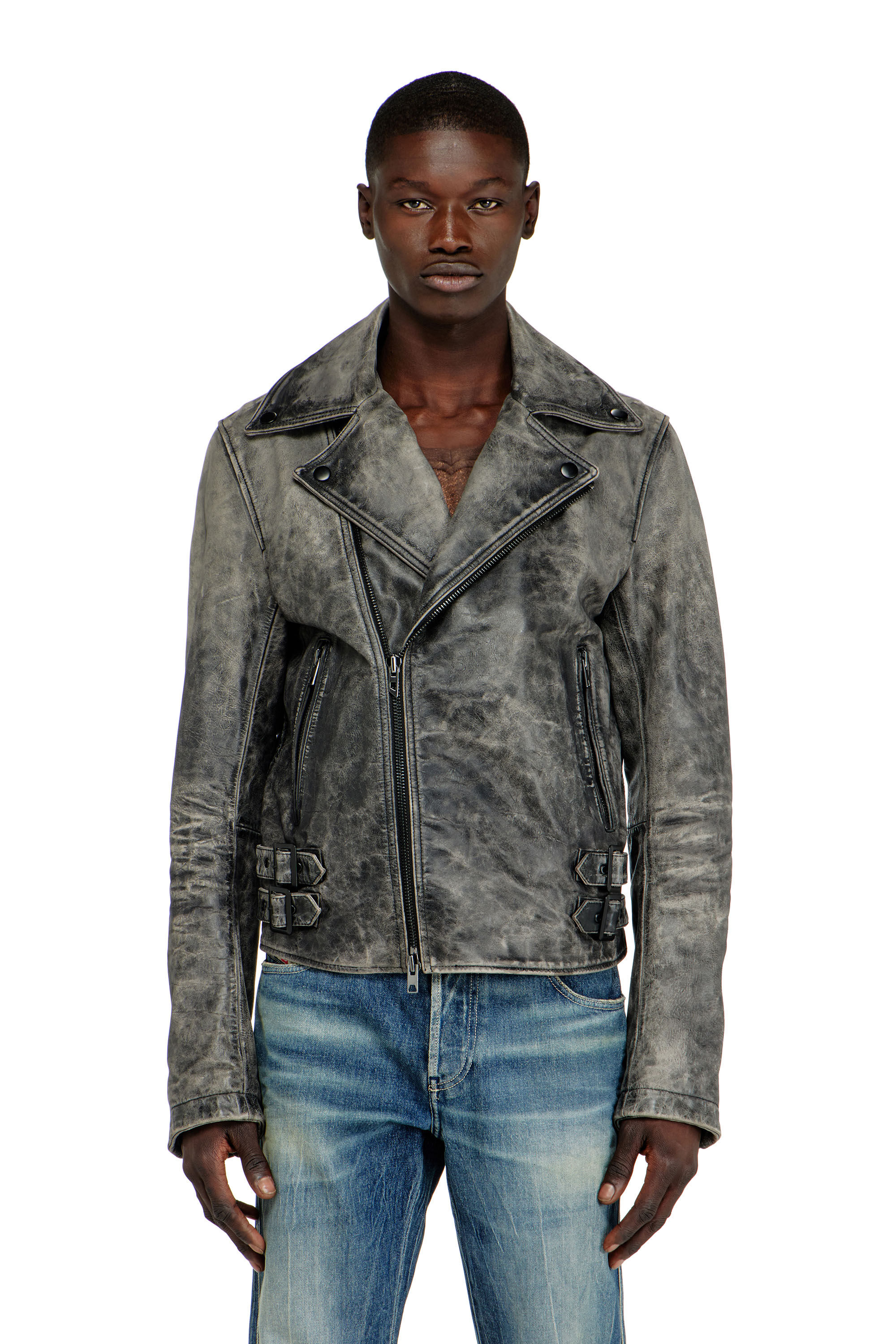 Diesel - L-EON-CJCM, Man's Biker jacket in treated leather in Dark grey - 3