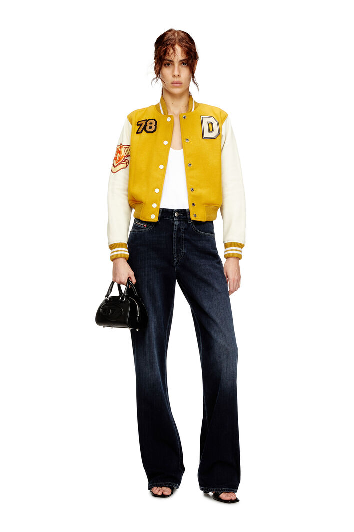 Diesel - L-REAL-CP, Woman's Cropped varsity jacket in wool and leather in White/Yellow - 2