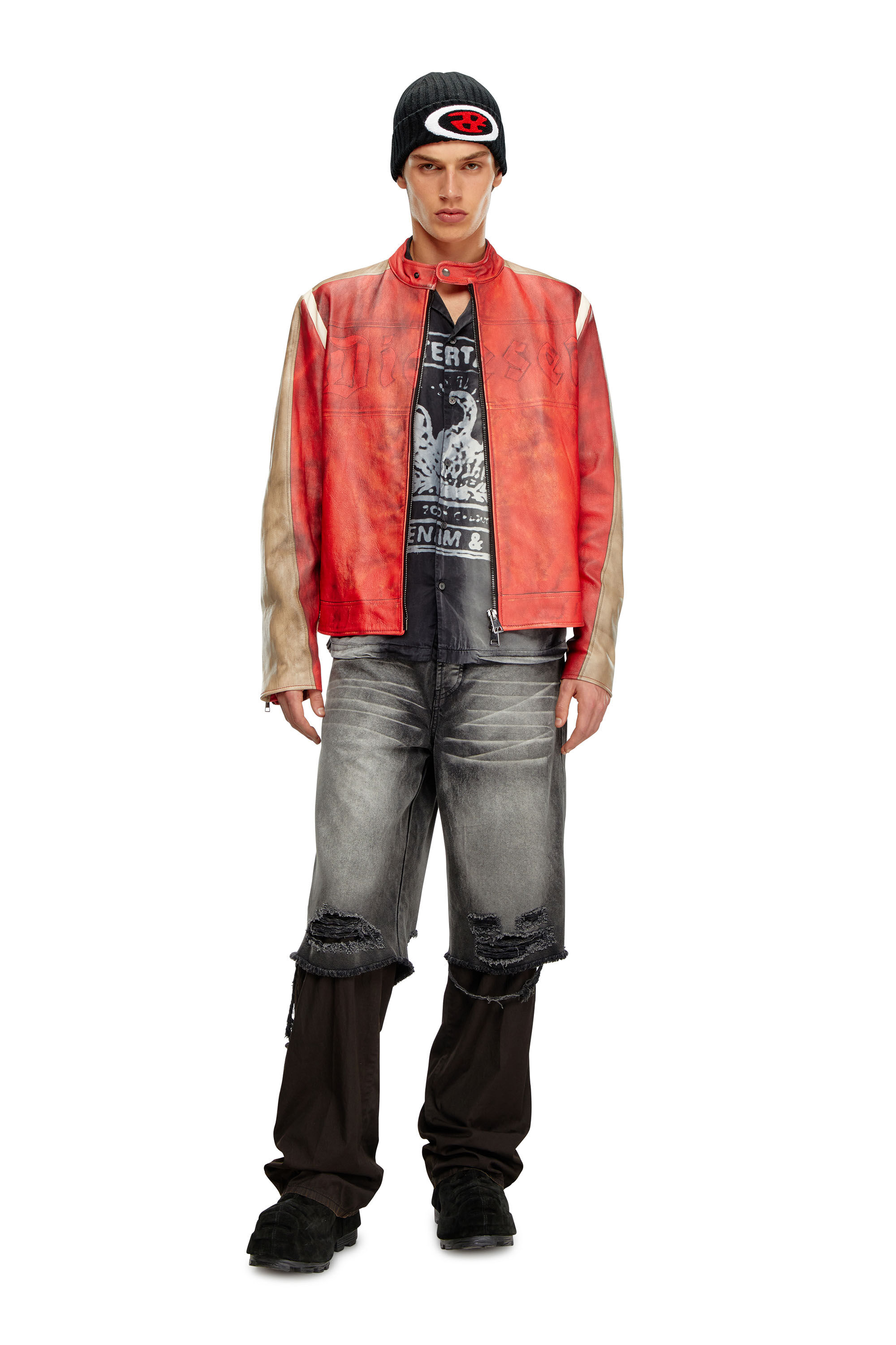 Diesel - L-RUSCHA, Man's Dirty-effect leather biker jacket in Red - 1