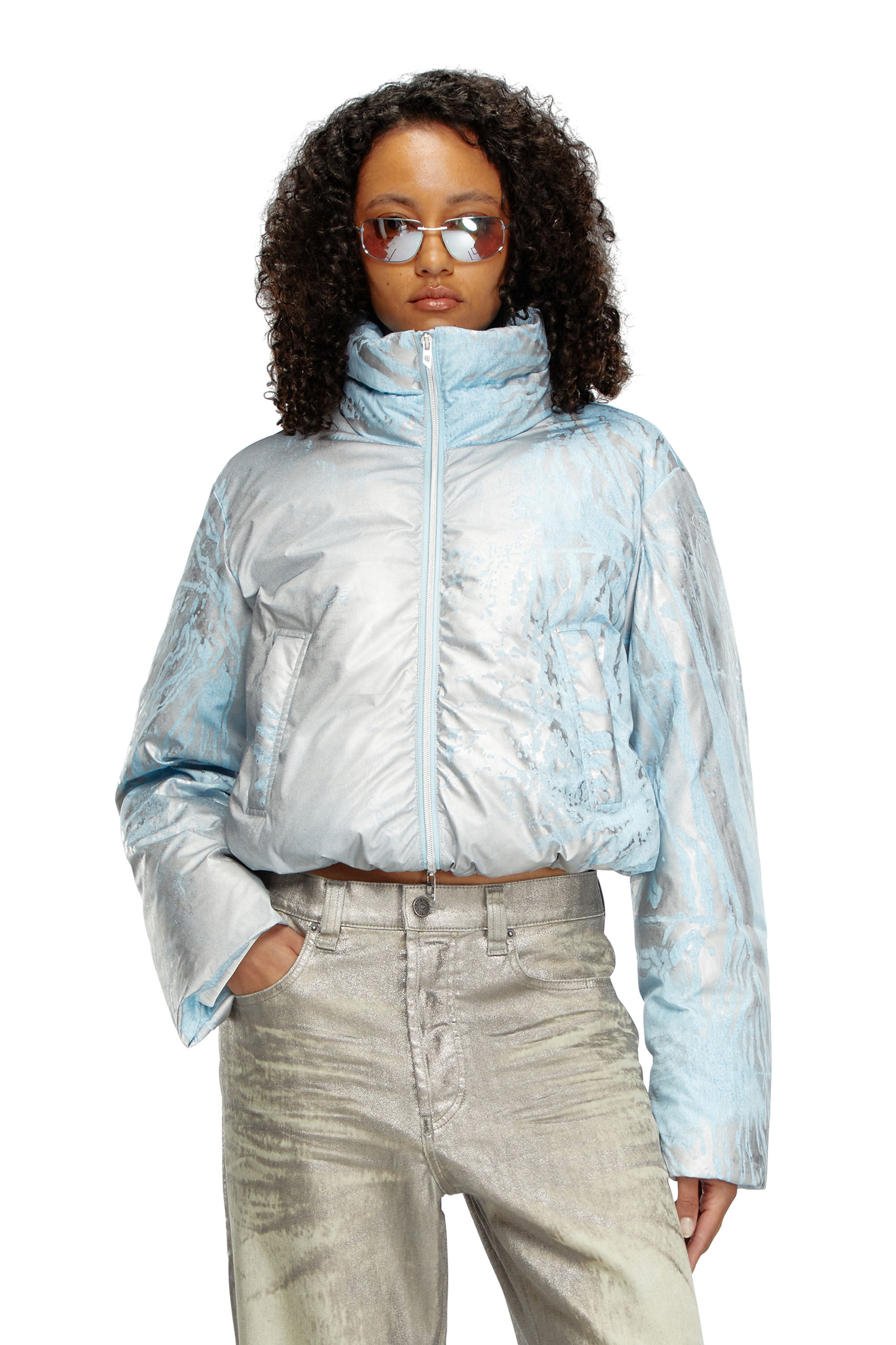 Diesel - W-HIMSY, Woman's Cropped padded jacket with metallic effects in Silver/Blue - 3