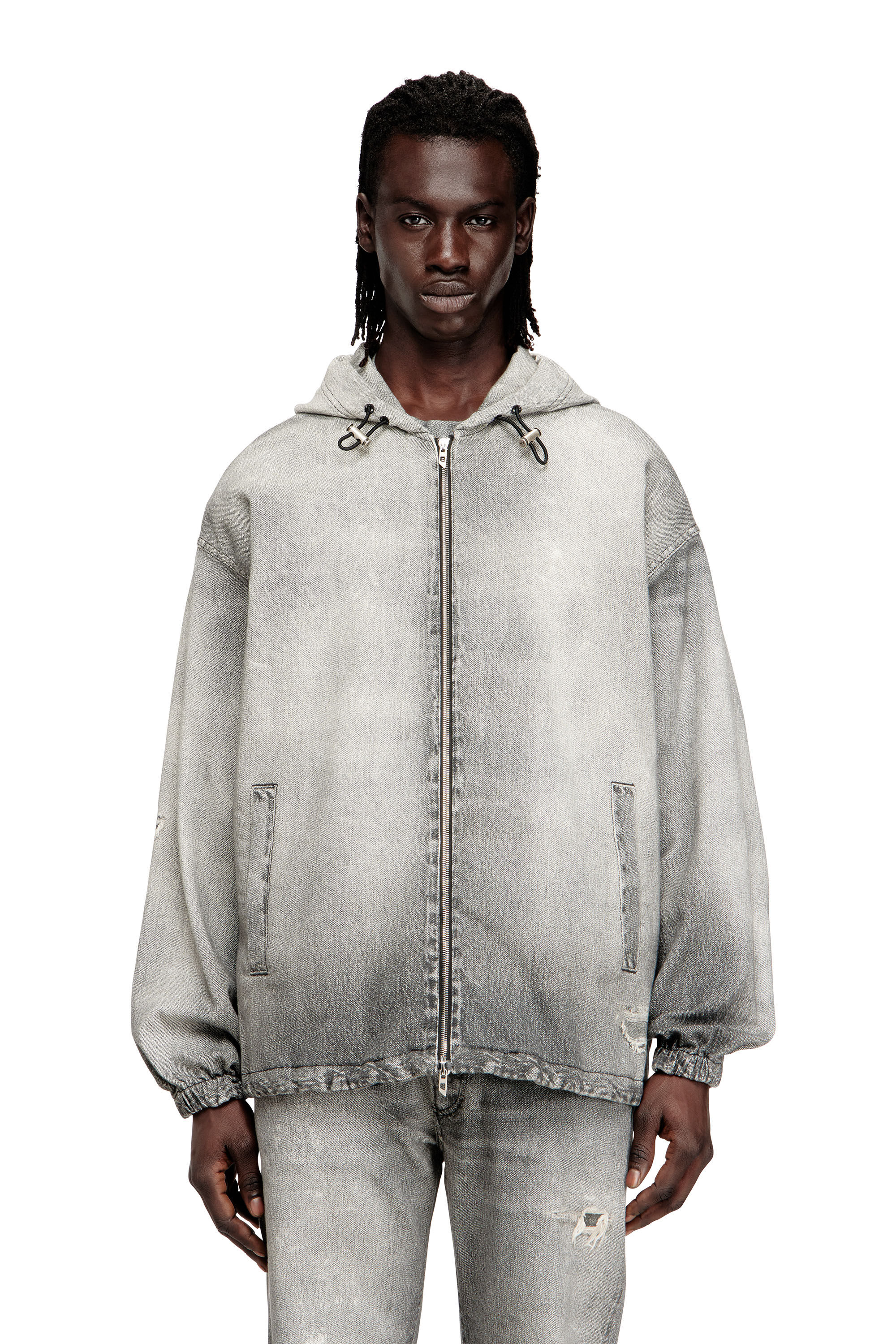 Diesel - D-WYNNY JOGG, Man's Hooded jacket in trompe l'oeil JoggJeans in Grey - 3