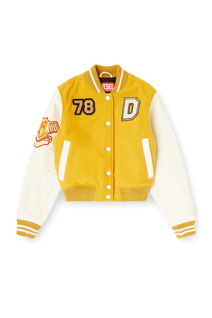 Diesel - L-REAL-CP, Woman's Cropped varsity jacket in wool and leather in White/Yellow - 3