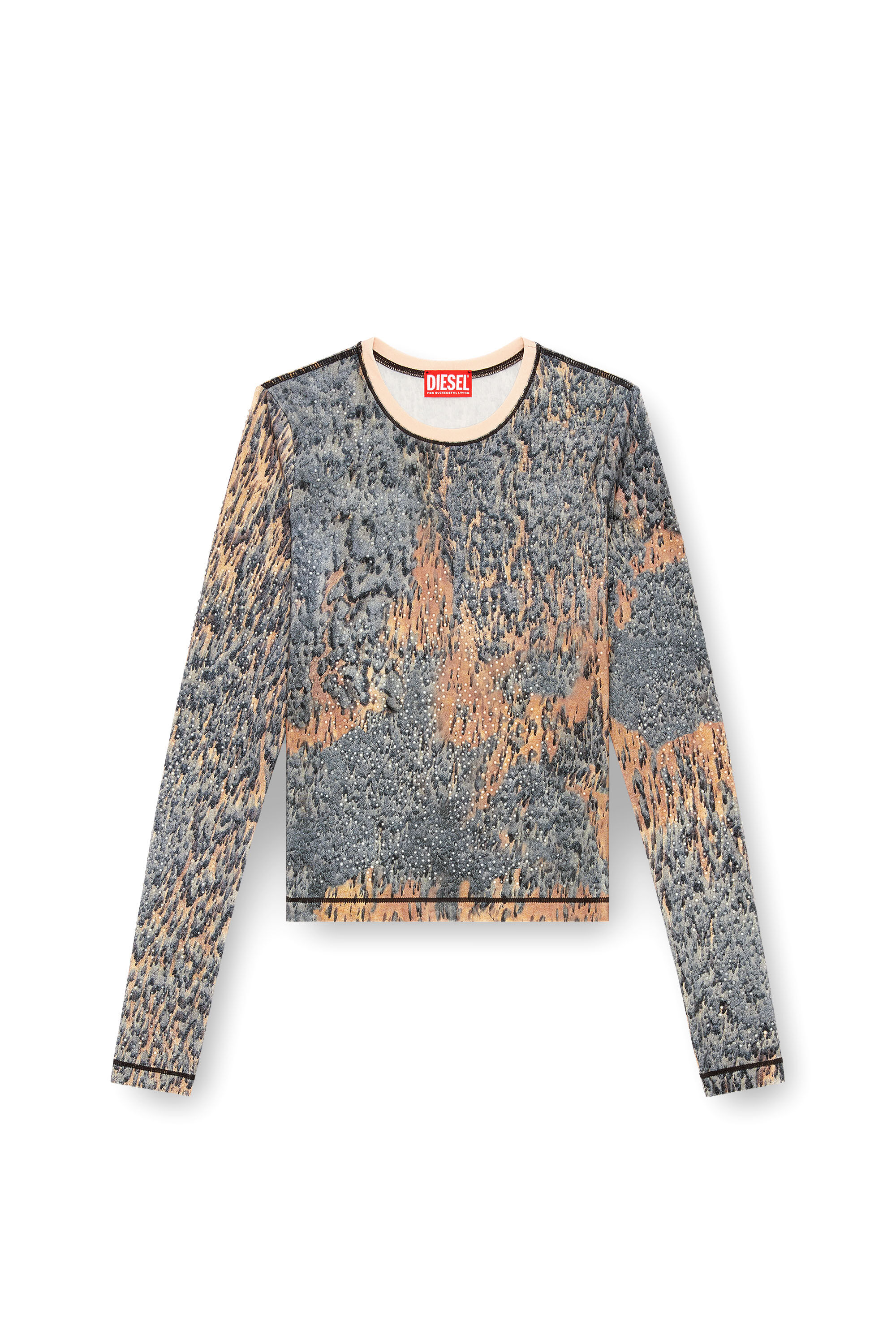 Diesel - T-CUTIE-LS, Woman's Top with crystals and Rain Camo print in Beige/Grey - 2