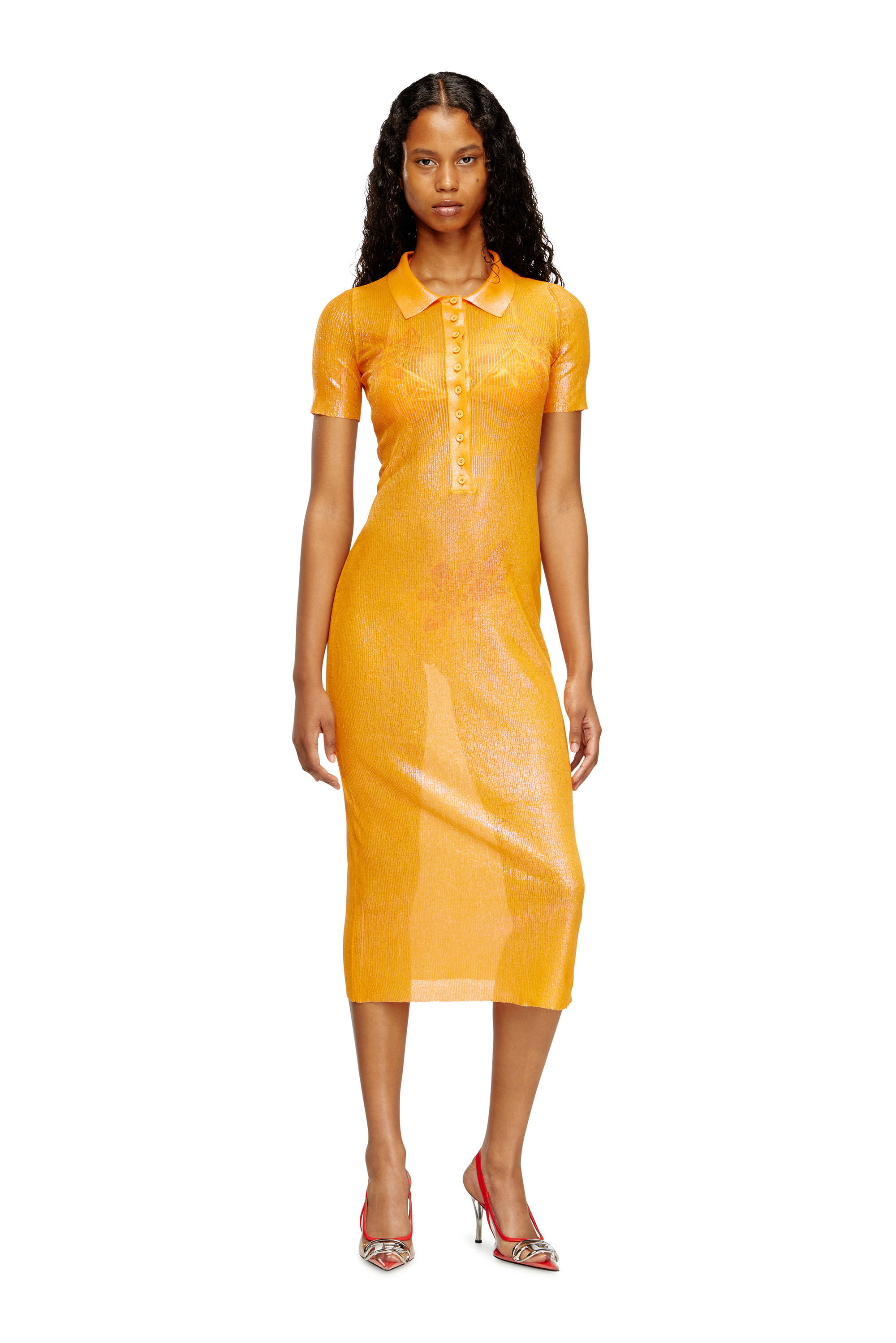 Diesel - M-ORANGE-KG, Woman's Iridescent knit polo dress with lotus print in Orange - 3