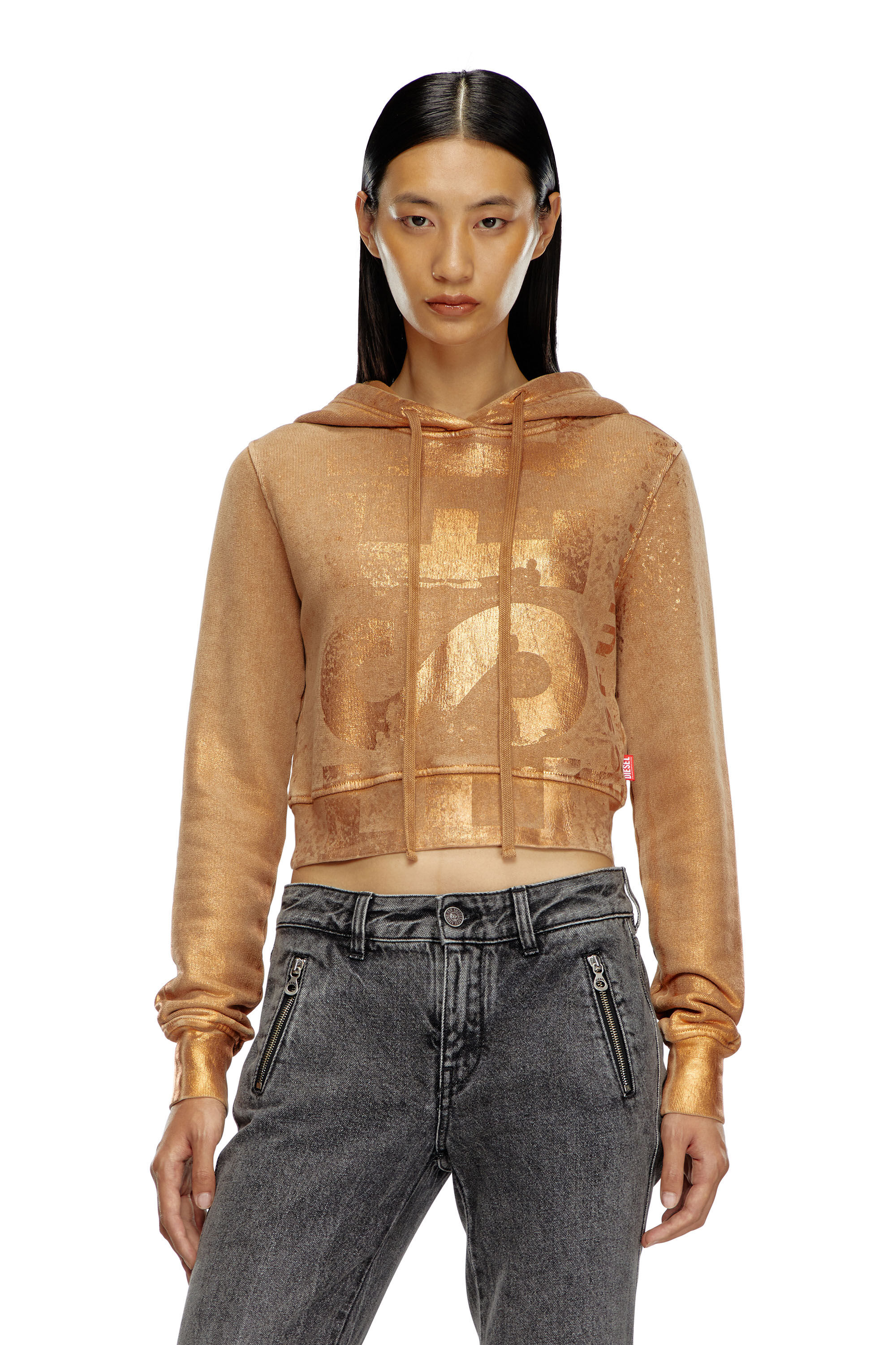 Diesel - F-SLIMMY-HOOD-P6, Woman's Cropped hoodie with metallic effects in Light Brown - 3