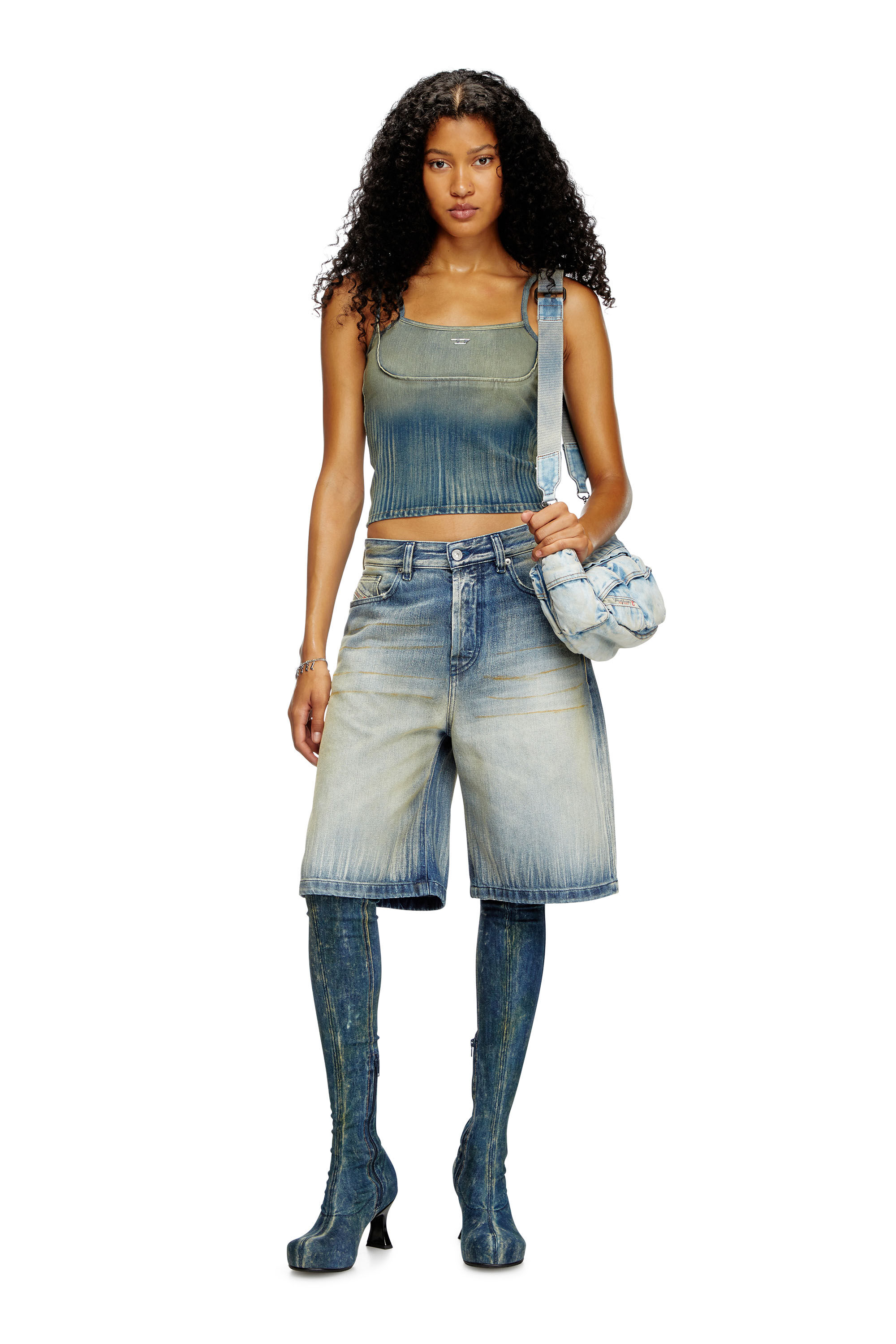 Diesel - DE-MADDY-S, Woman's Crop top in light streaky denim in null - 1