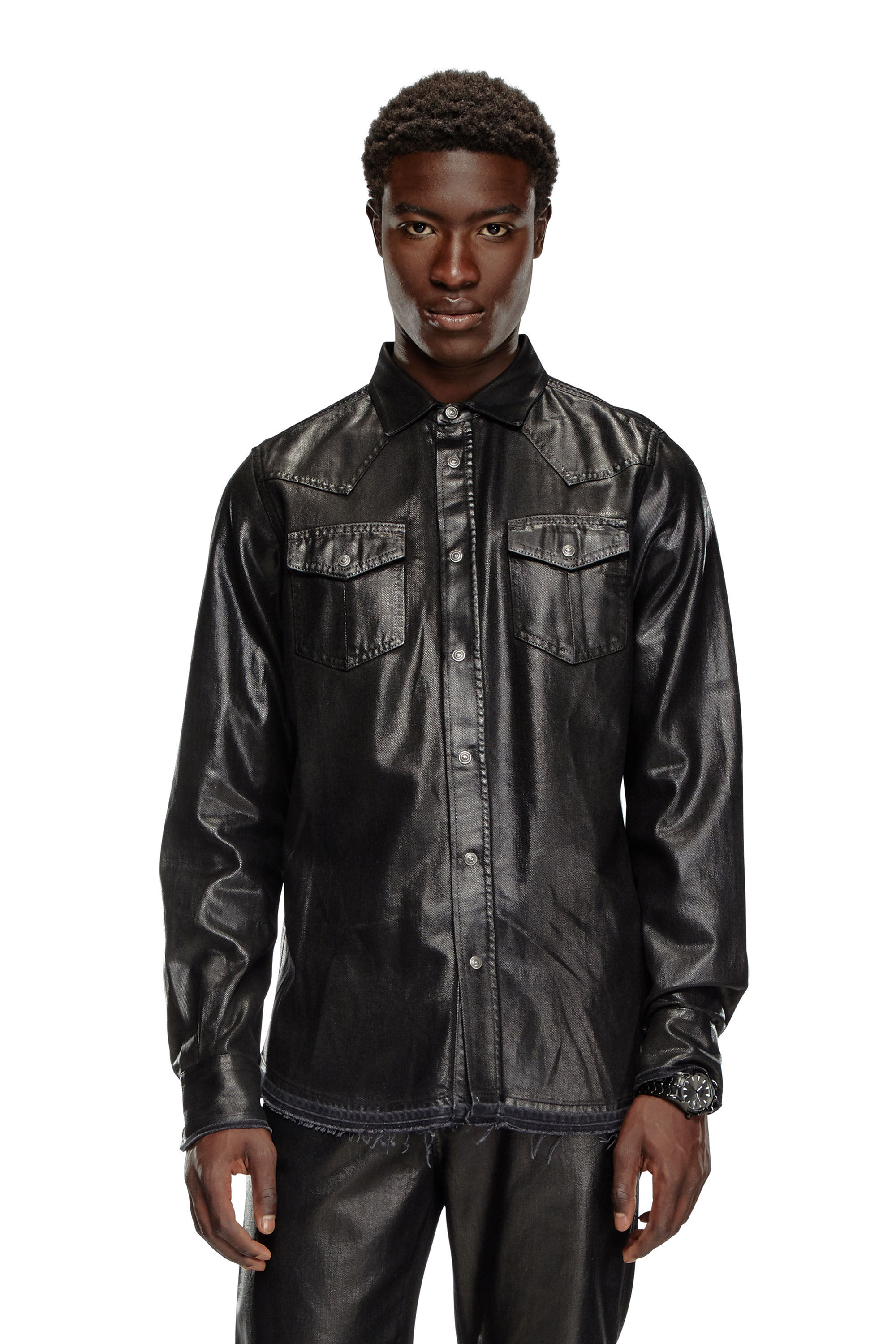 Diesel - D-VEGA, Man's Overshirt in coated tailoring denim in Black - 3