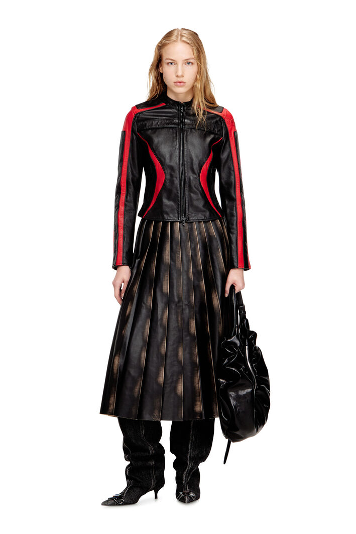 Diesel - L-OVABLE, Woman's Biker jacket in colour-block leather in Black/Red - 2