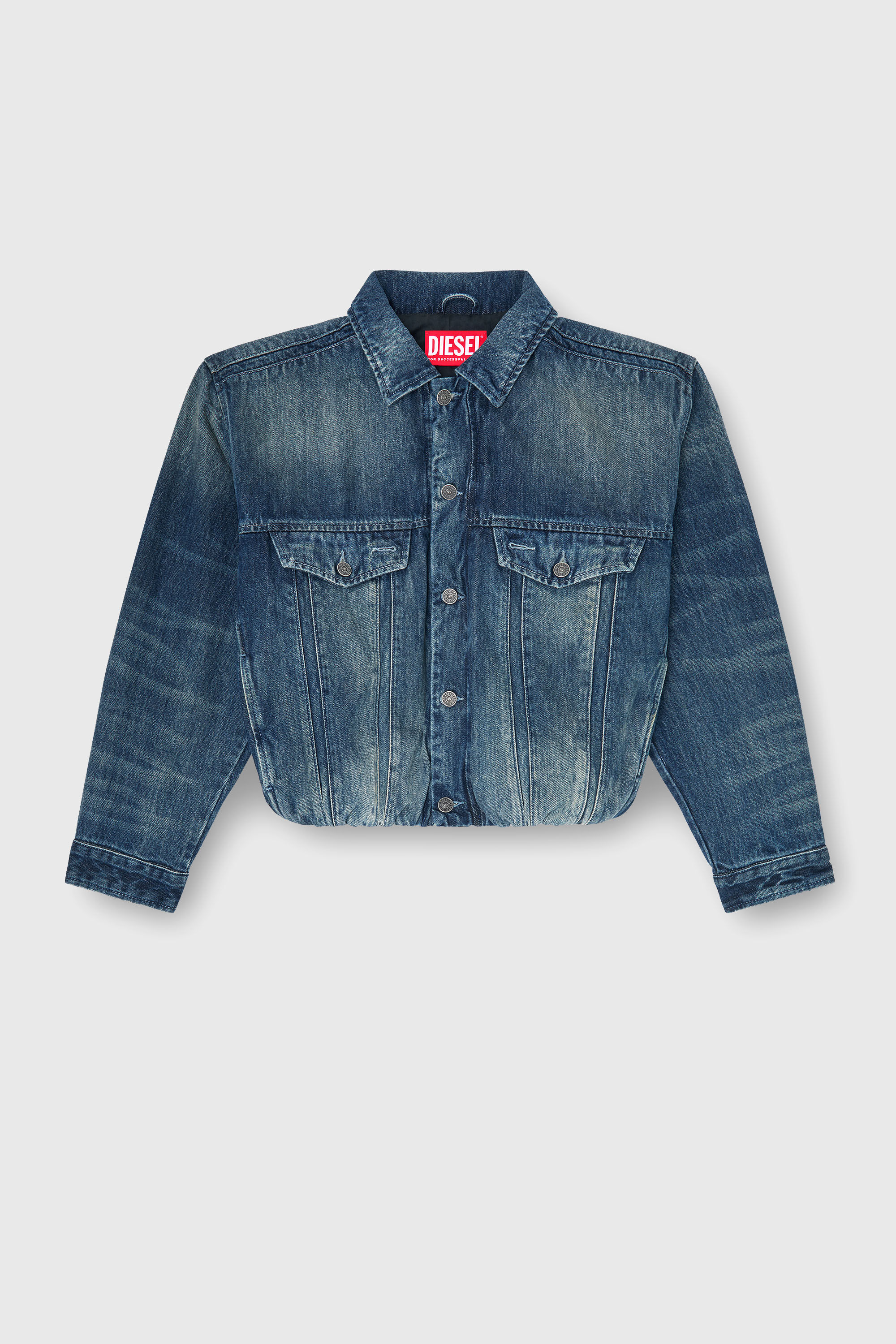 Diesel - DE-MORVI-FSJ, Woman's Elasticated trucker jacket in denim in Medium blue - 2