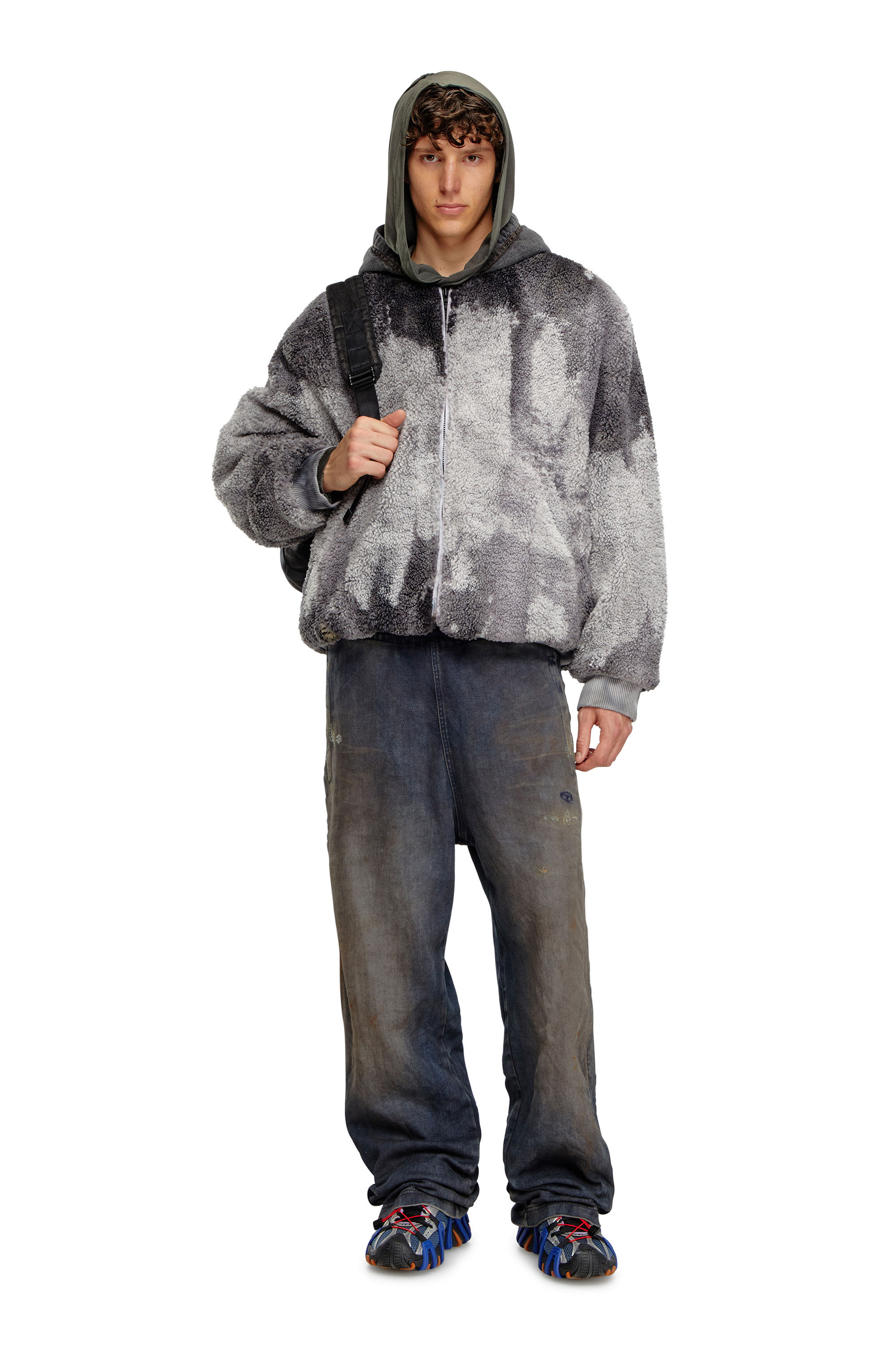 Diesel - S-DEPLA, Man's Tie-dyed teddy jacket with denim hood in Grey - 1