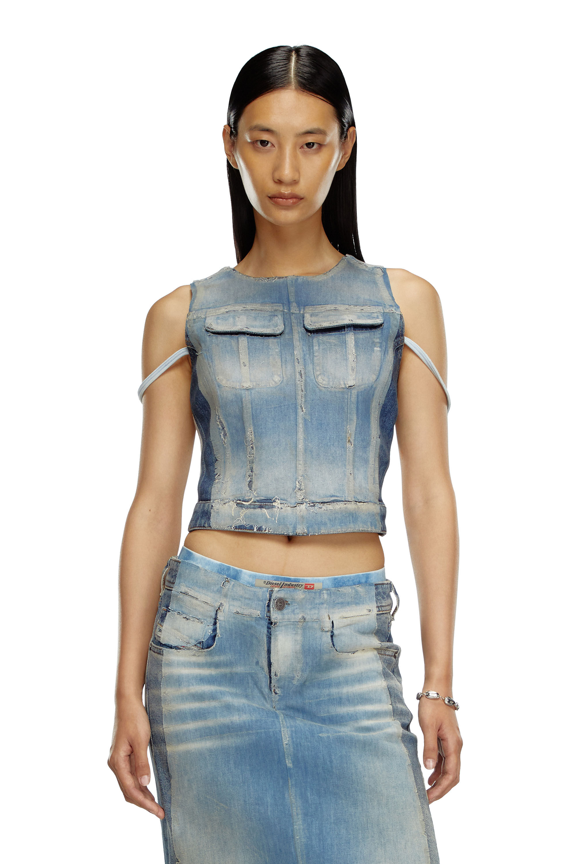 Diesel - DE-BENEDICTA-S, Woman's Top in peel-off denim and jersey in Light Blue - 3