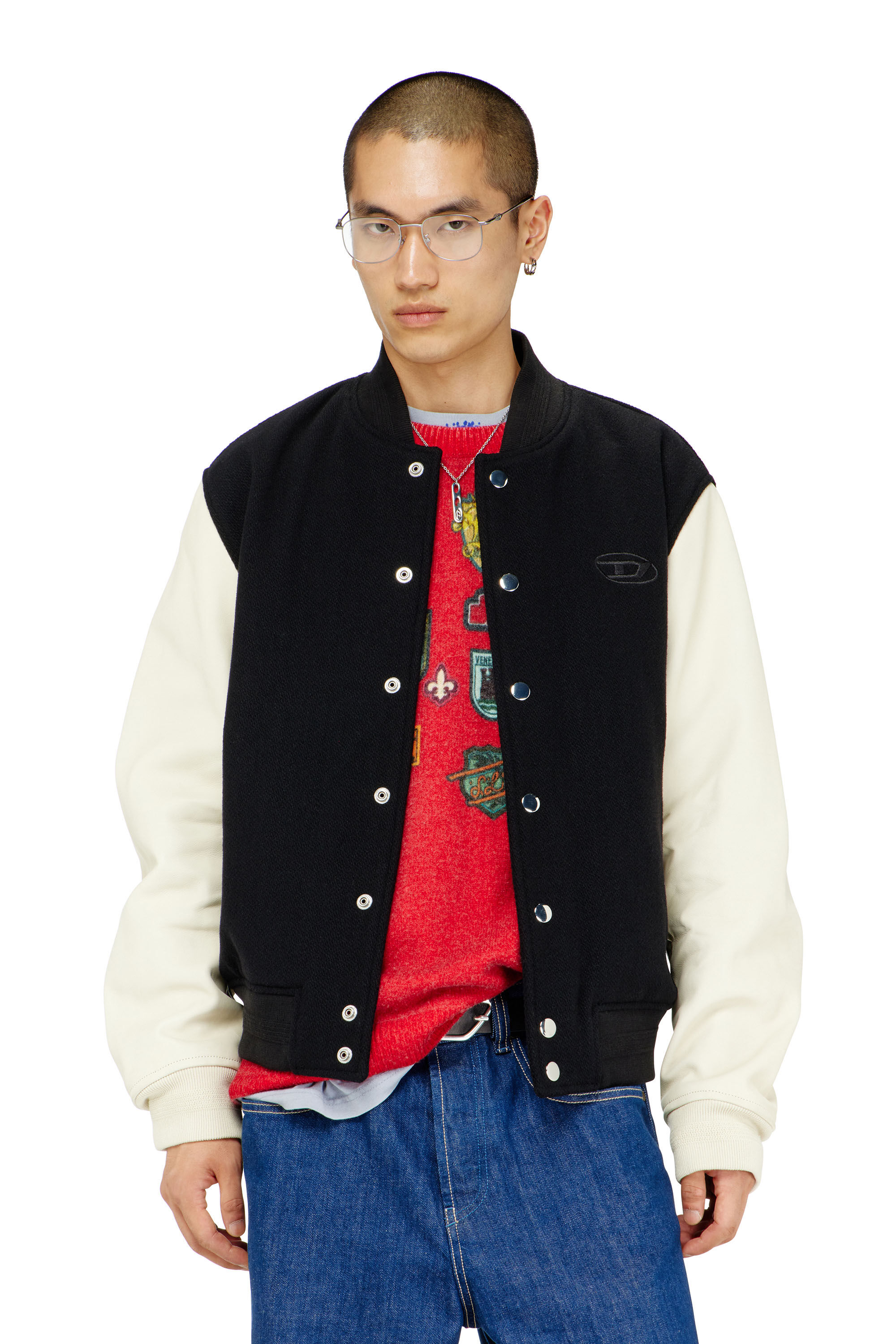 Diesel - L-ARRY-WRD, Man's Bomber jacket in wool blend and leather in Black/White - 3