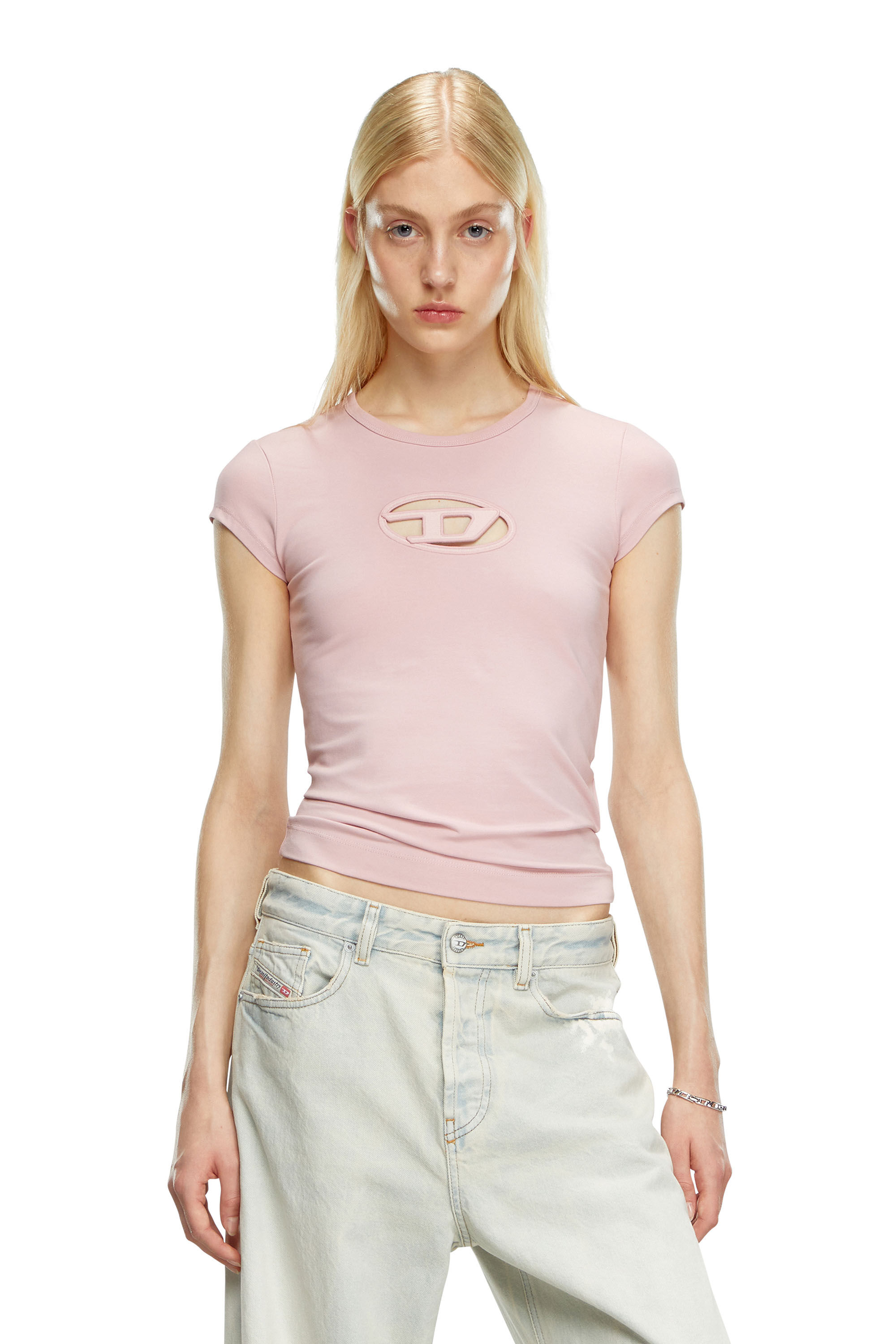 Diesel - T-ANGIE, Woman's T-shirt with peekaboo logo in Face Powder - 3