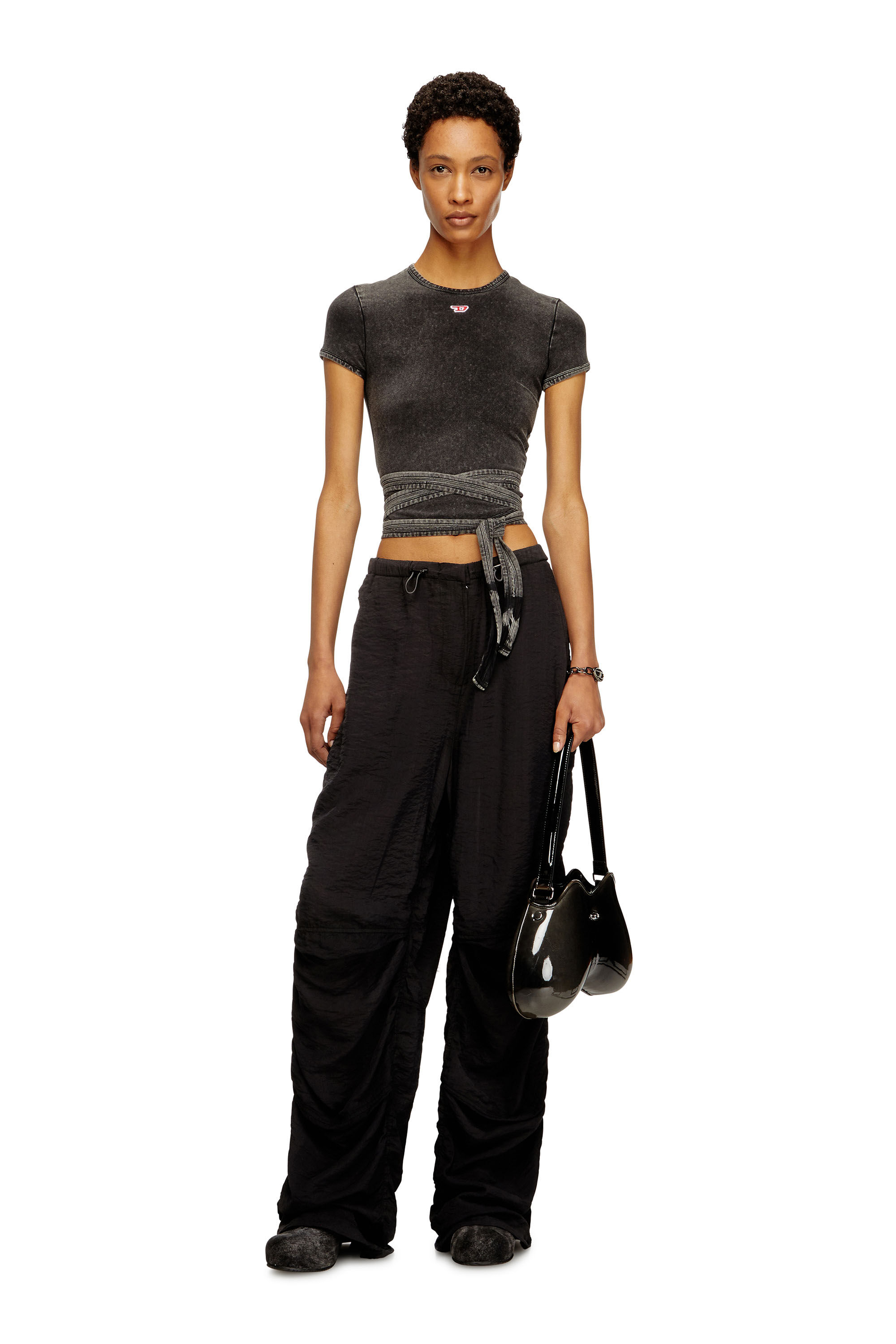 Diesel - T-BUNNY-TAIL-R1, Woman's Denim-look T-shirt with wrap ties in Black - 1