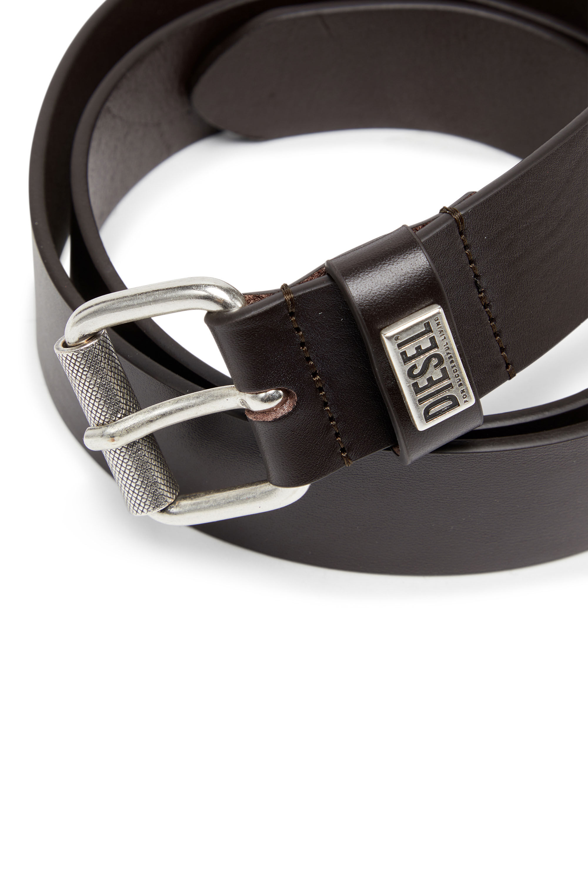 Diesel - B-BISCOTTO-LOOP, Man's Leather belt with logo plaque in Dark Brown - 3