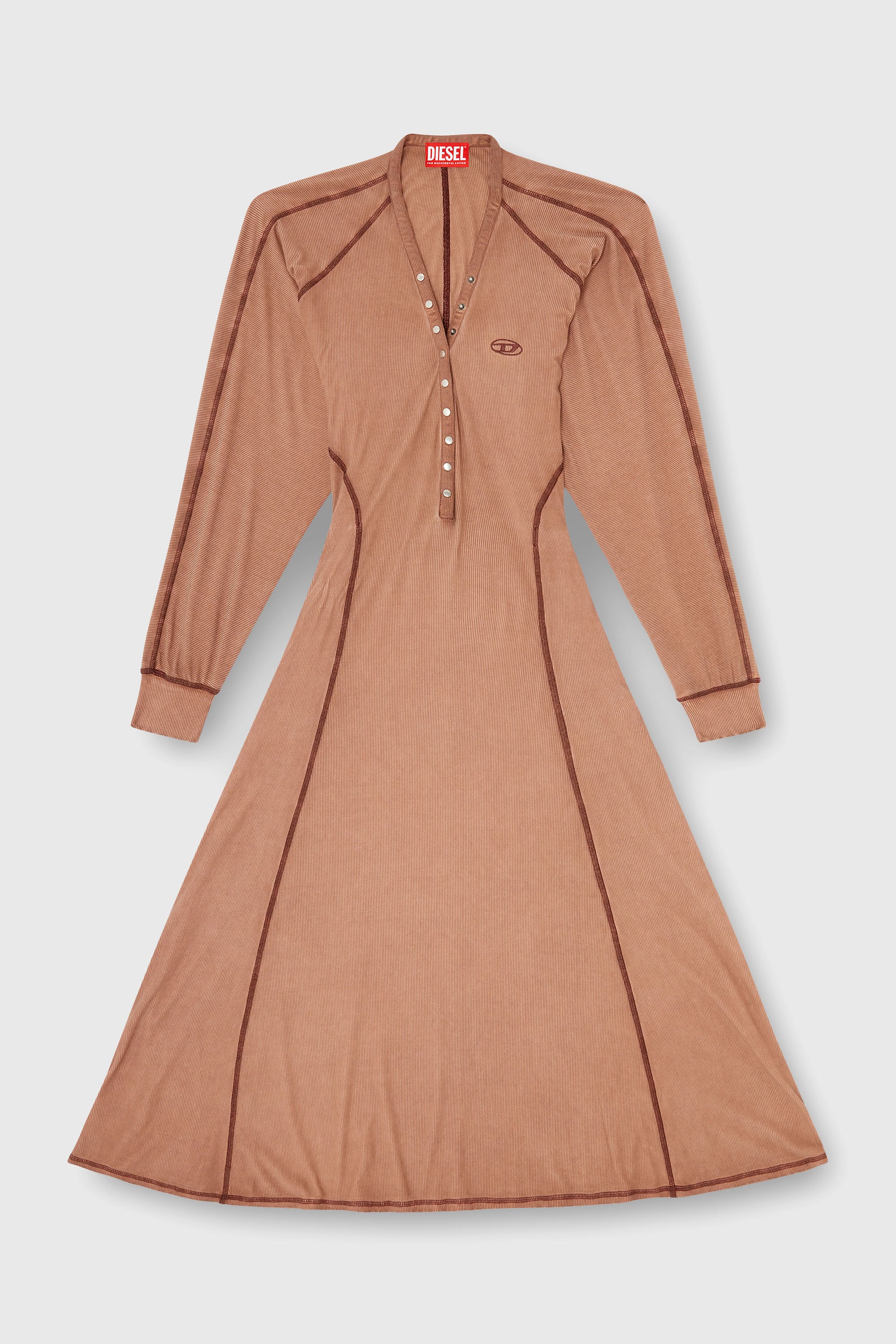 Diesel - D-ISERINA, Woman's Midi dress in ribbed jersey with batwing sleeves in Light Brown - 2