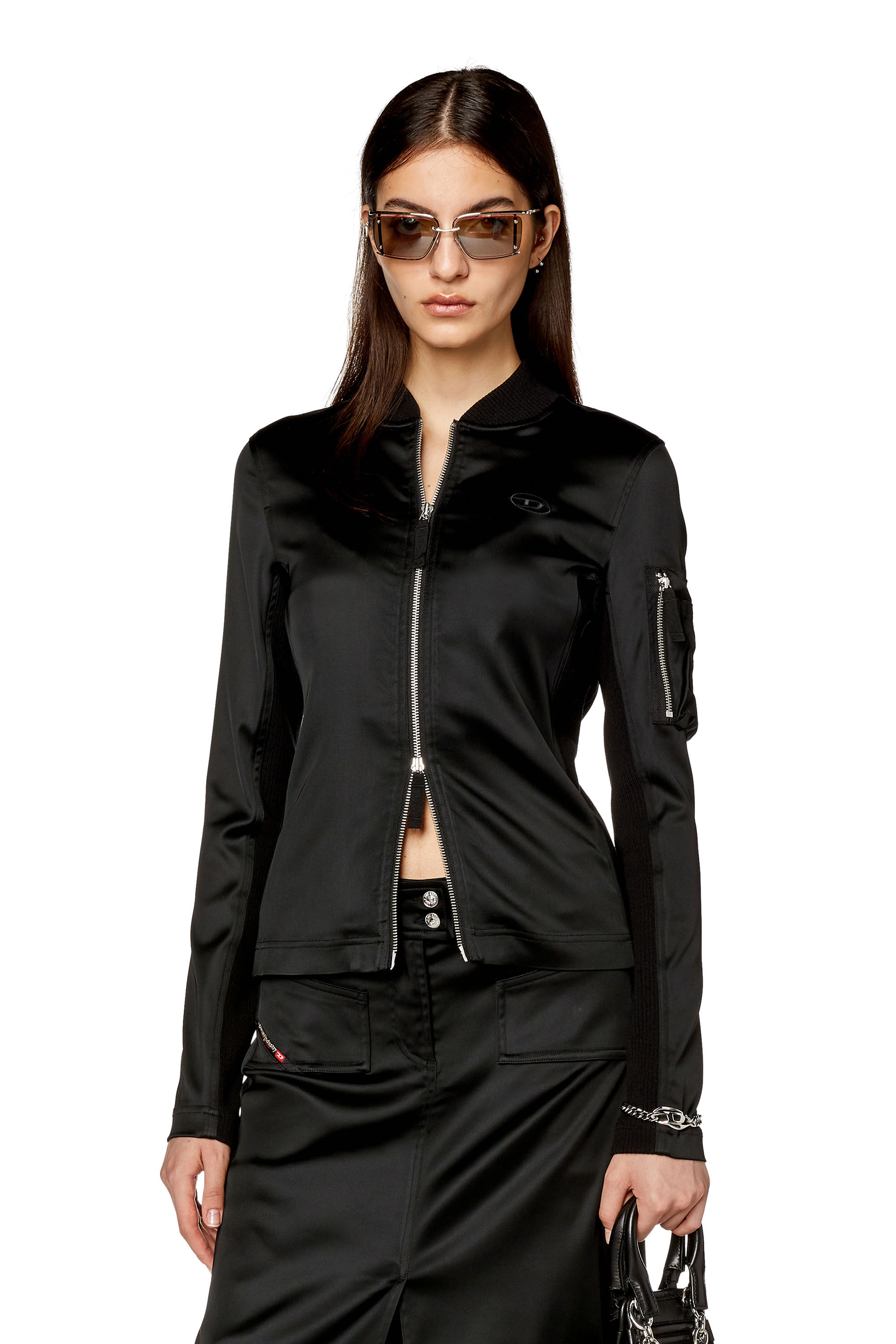 Women s Track jacket in shiny stretch satin Black Diesel