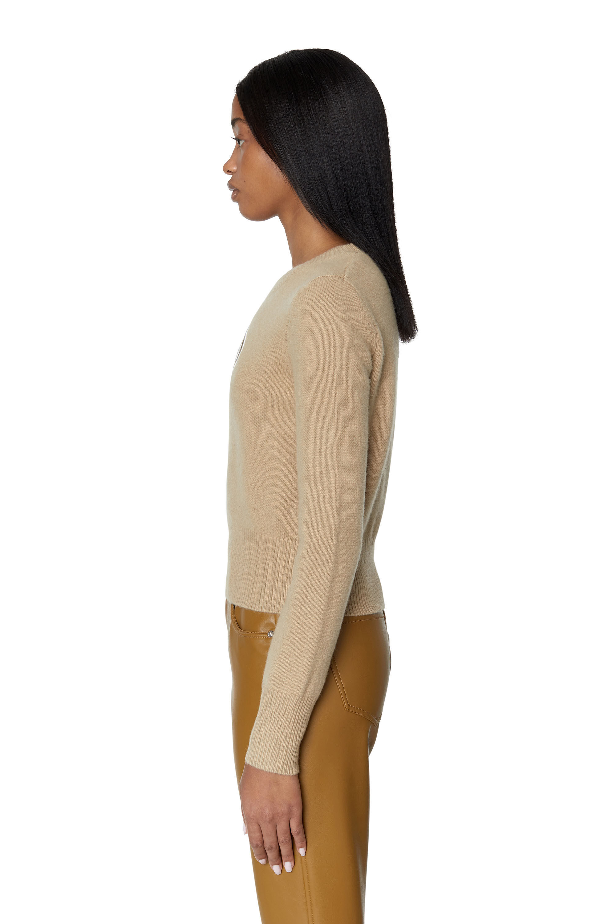 Diesel - M-AREESA, Woman's Jumper with embroidered cut-out logo in Beige - 5