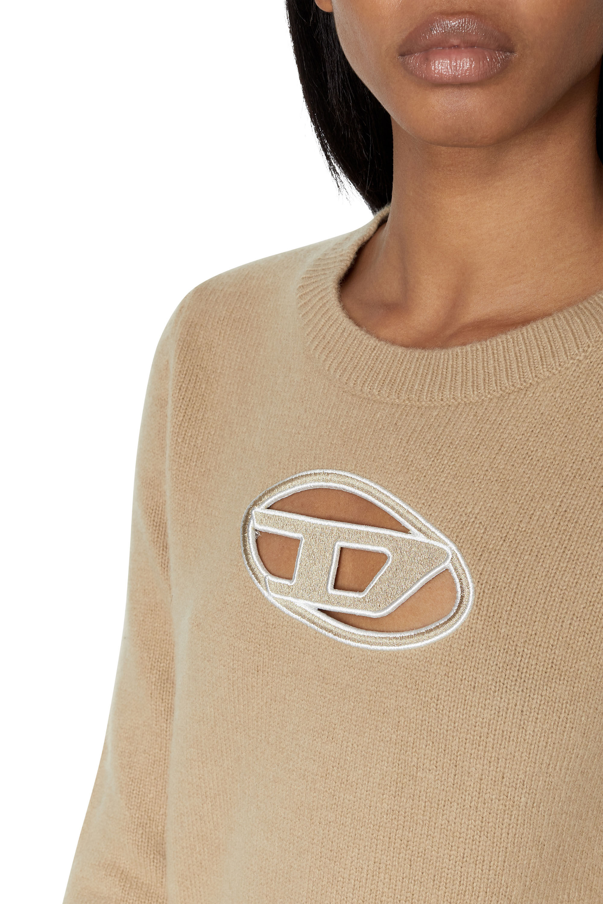 Diesel - M-AREESA, Woman's Jumper with embroidered cut-out logo in Beige - 6