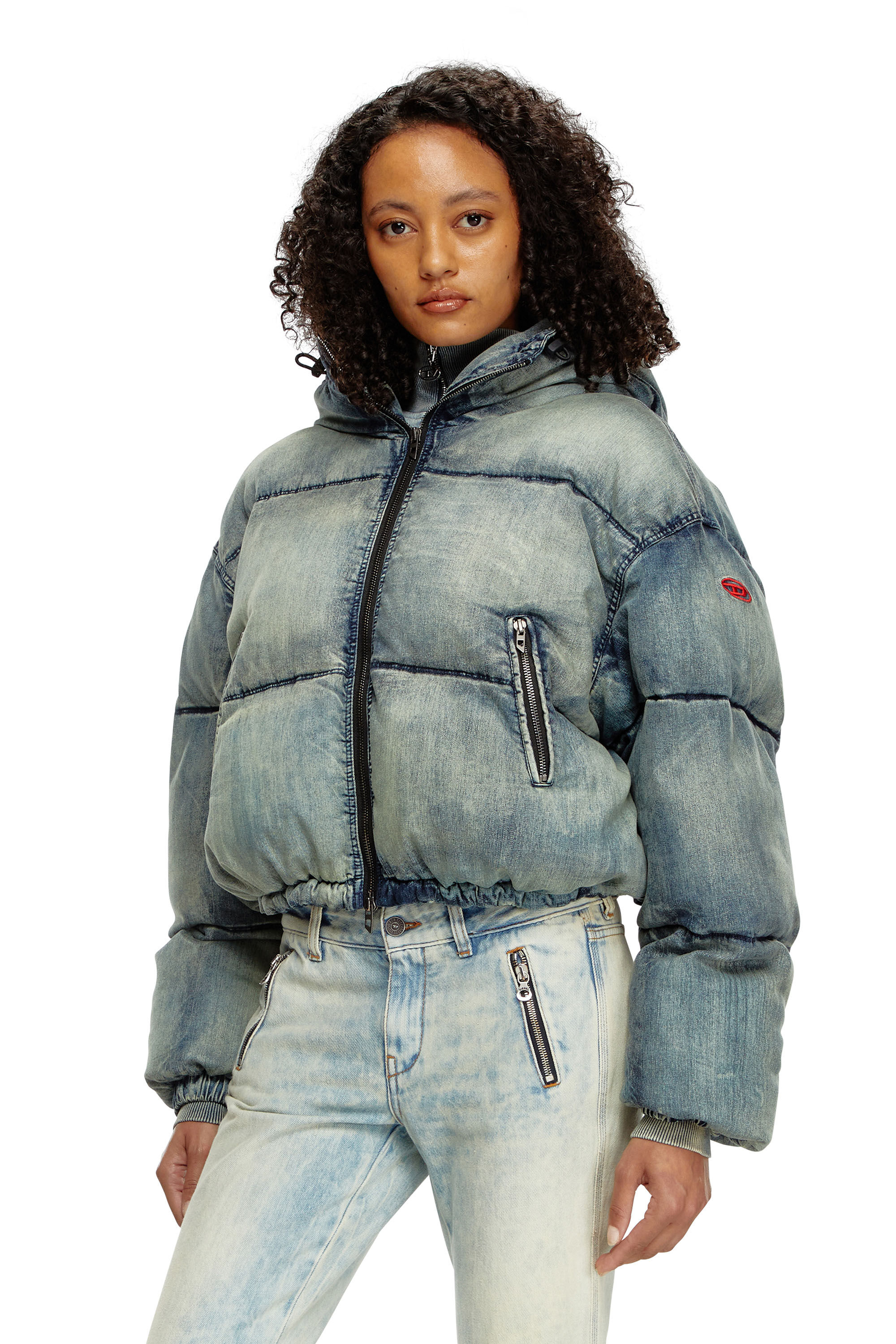 Women s Cropped hooded puffer jacket in denim Blue Diesel