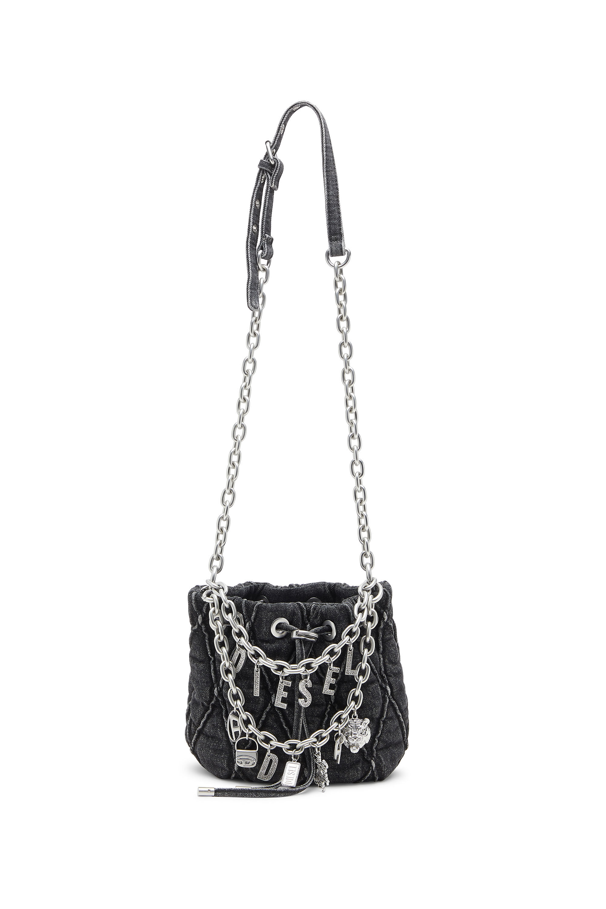 国内直営【DIESEL】hoshi charm-d bucket s ショルダーバッグ Women's Quilted-denim bucket bag with chain charms | Black