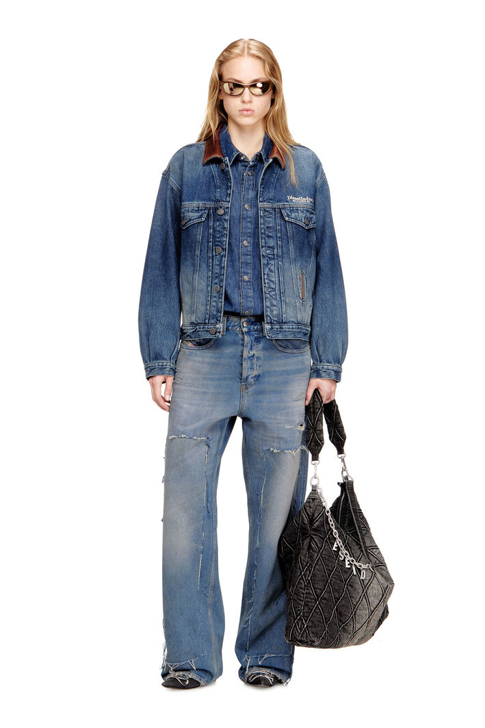Diesel - D-DENVER-S1, Unisex's Denim trucker jacket with contrast leather trims in Blue - 2