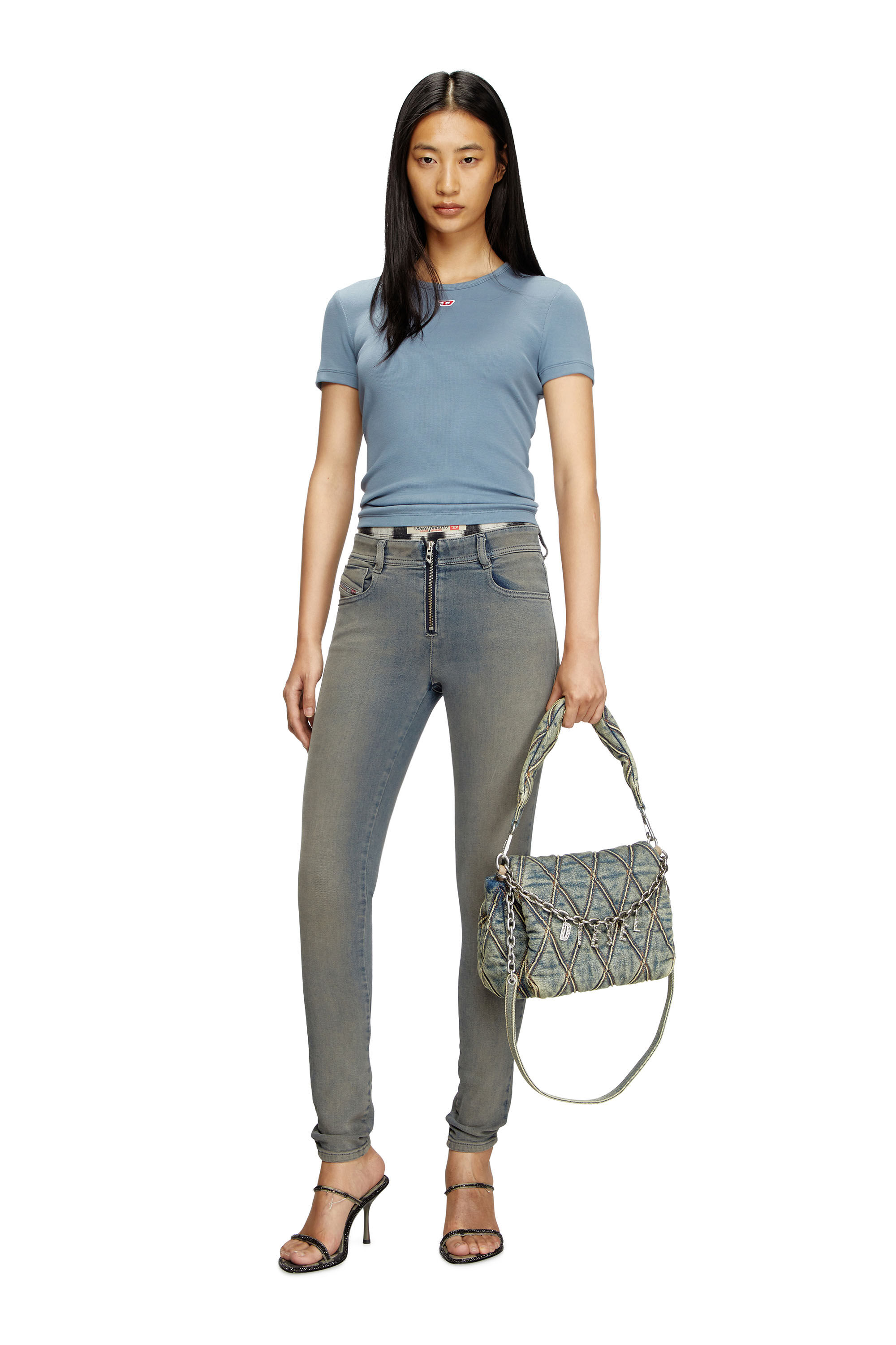 Diesel - T-ELE-LONG-D, Woman's T-shirt with D logo patch in Light Blue - 1