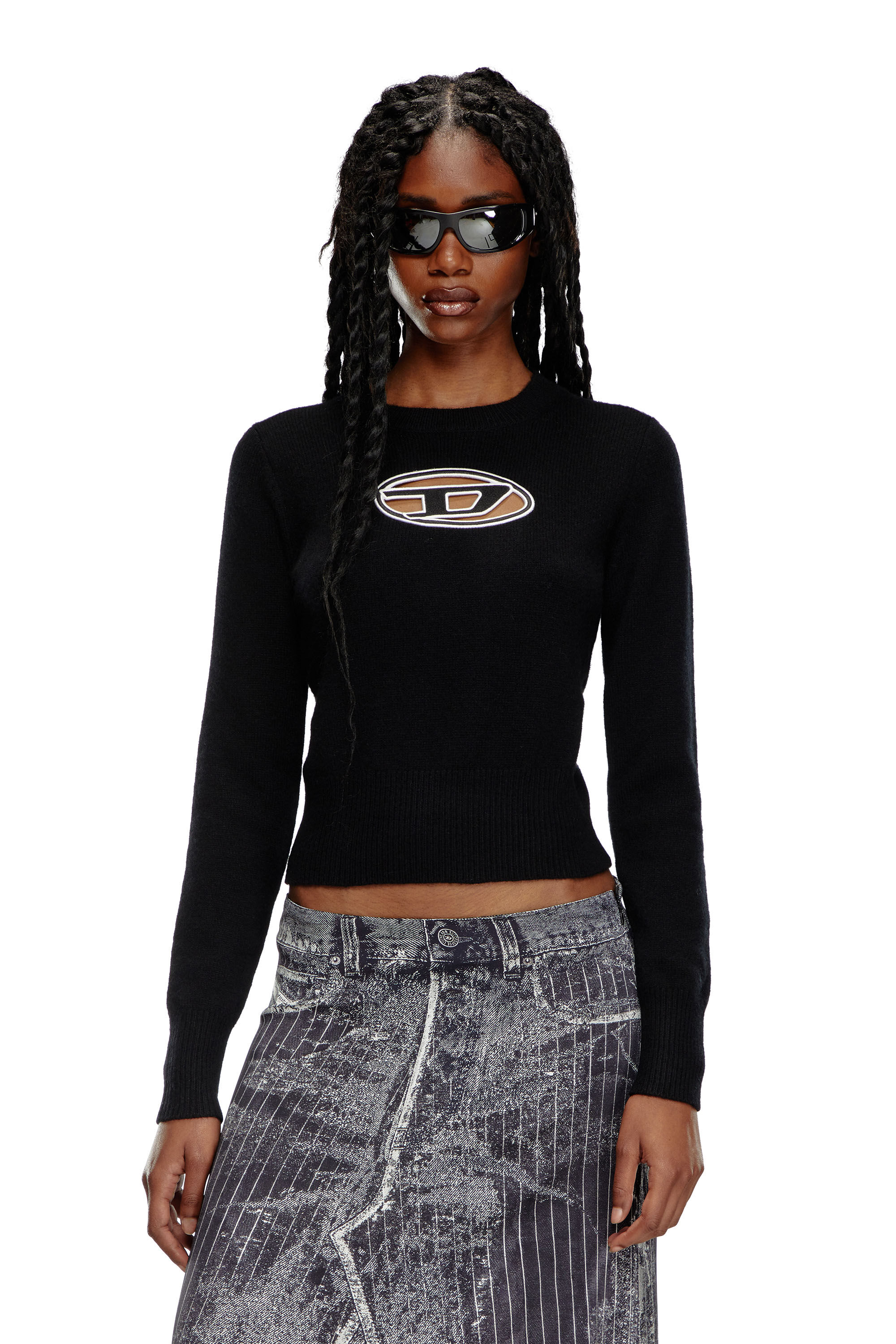 Diesel - M-AREESA, Woman's Jumper with embroidered cut-out logo in Black - 3