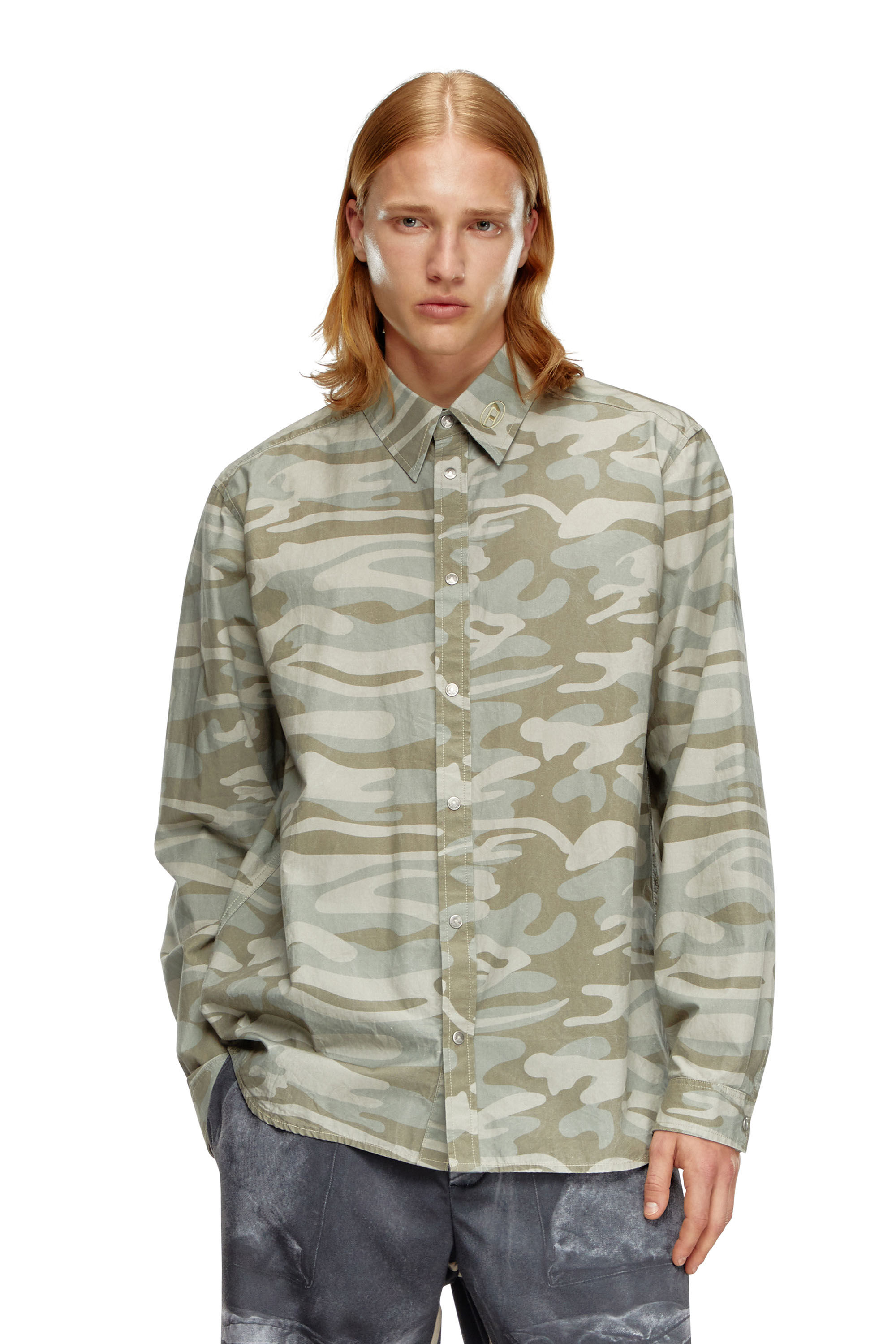 Diesel - S-HOLTE, Man's Poplin shirt with camo print in Military Green - 3