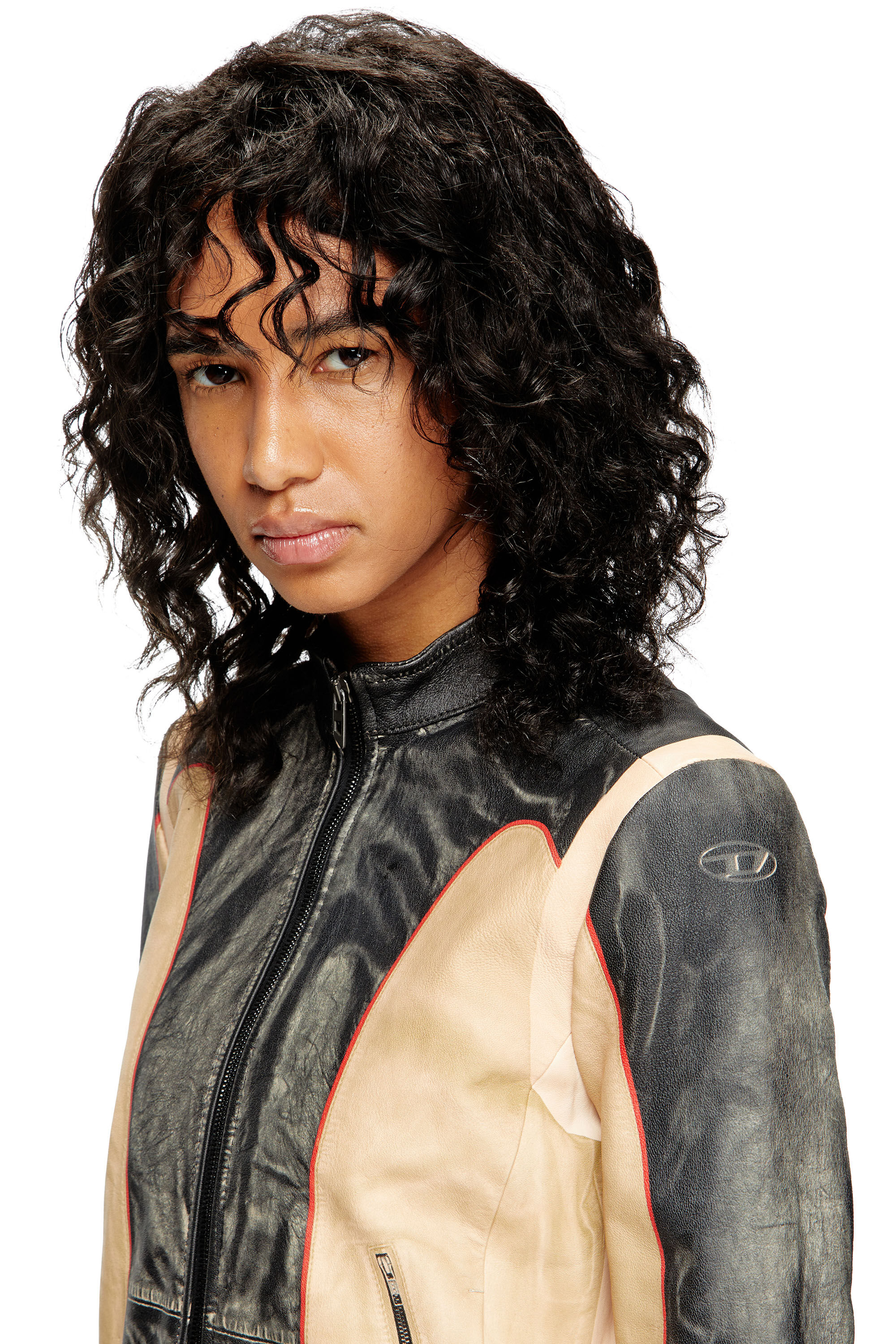 Diesel - L-OONIE, Woman's Trompe l'oeil-effect leather biker jacket in null - 5