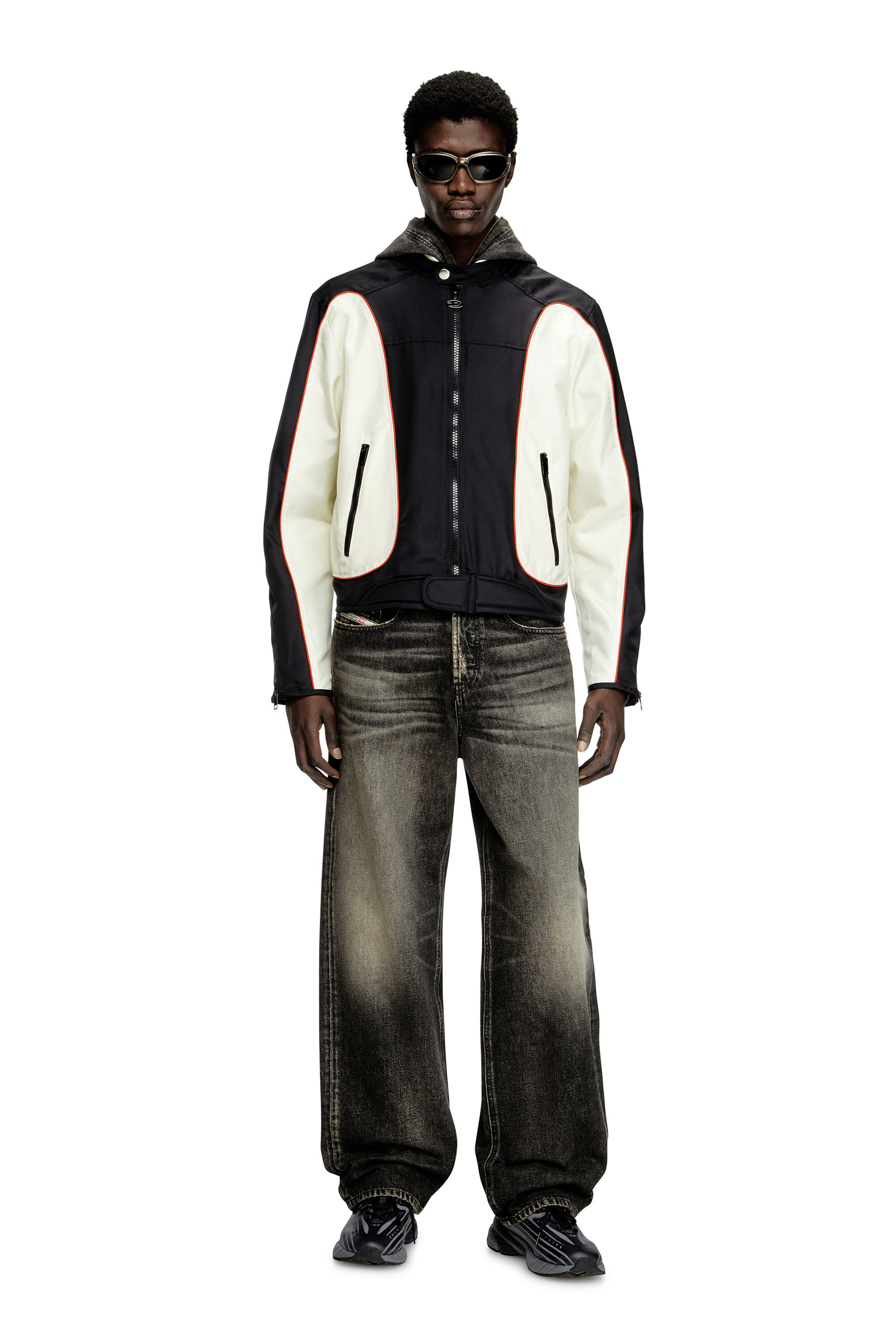 Diesel - J-BLINK-A, Man's Colour-block biker jacket with piping in White/Black - 1