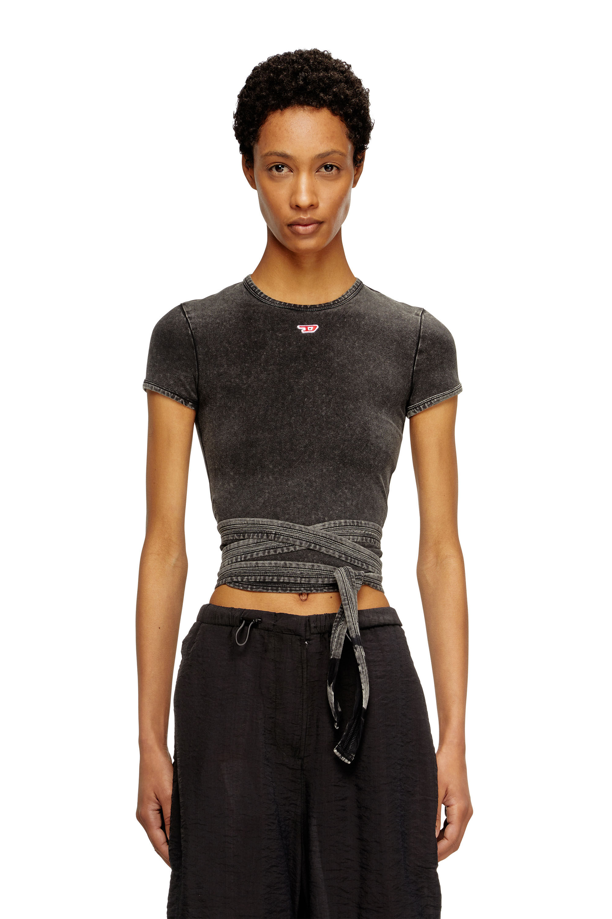 Diesel - T-BUNNY-TAIL-R1, Woman's Denim-look T-shirt with wrap ties in Black - 3