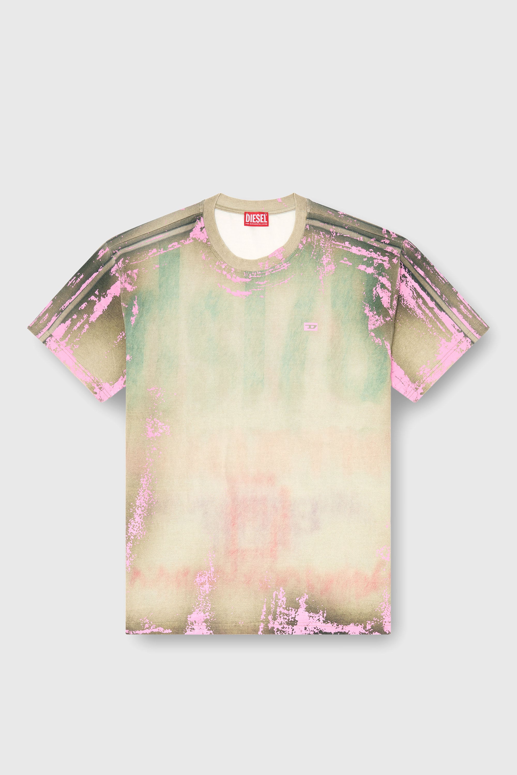 Diesel - T-FILMY-SHO, Man's T-shirt in cracked leather-effect jersey in Pink/Green - 1