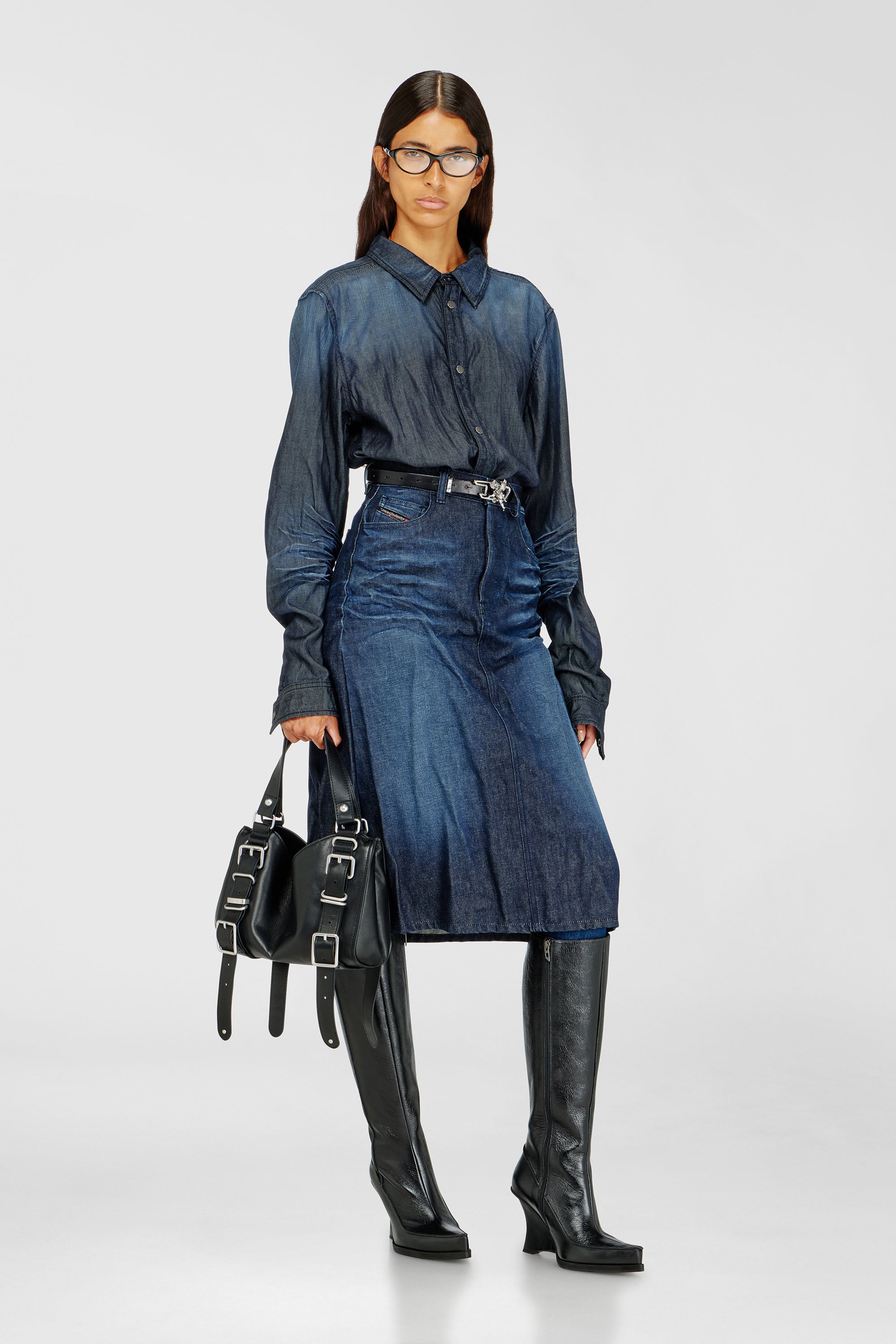Diesel - DE-IRTI-FSJ, Woman's Midi skirt in creased denim in Dark Blue - 1